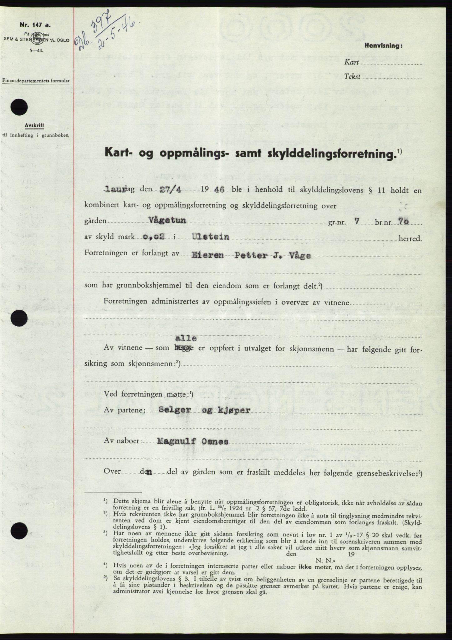 Søre Sunnmøre sorenskriveri, AV/SAT-A-4122/1/2/2C/L0078: Mortgage book no. 4A, 1946-1946, Diary no: : 397/1946