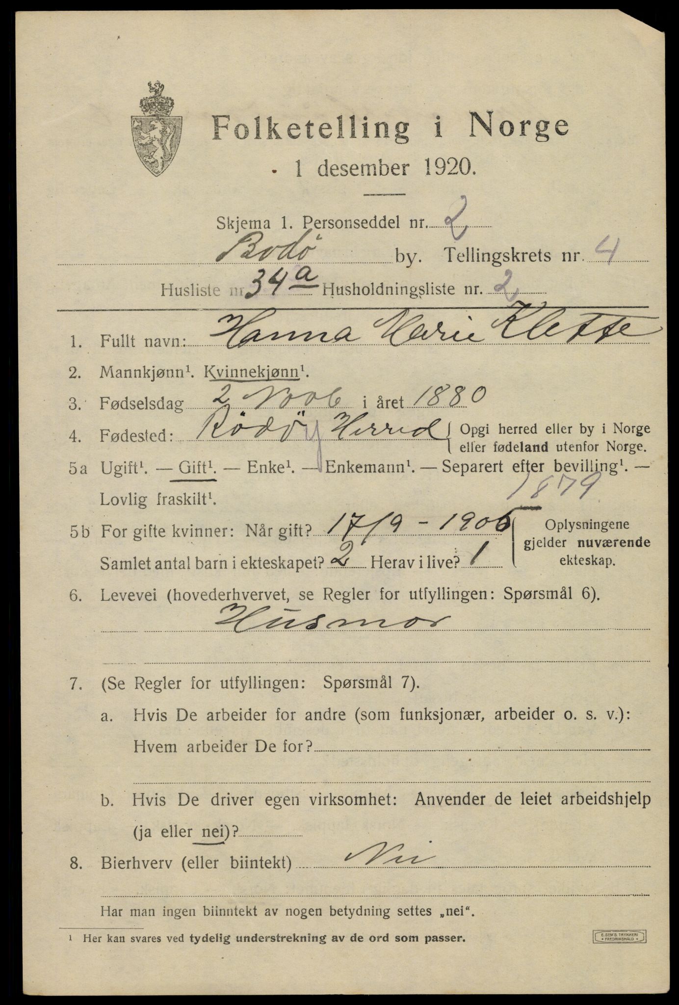 SAT, 1920 census for Bodø, 1920, p. 7933