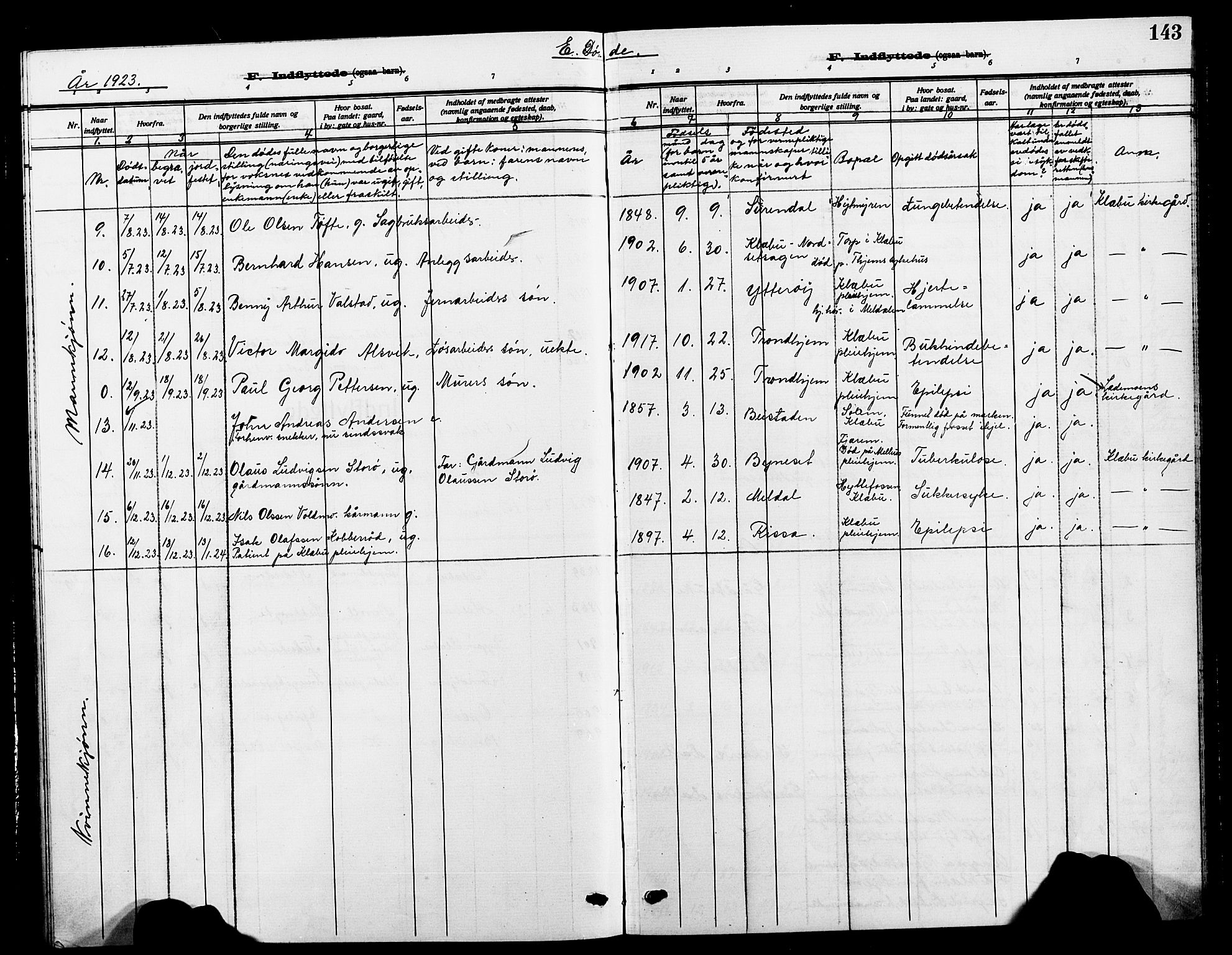 Ministerialprotokoller, klokkerbøker og fødselsregistre - Sør-Trøndelag, SAT/A-1456/618/L0453: Parish register (copy) no. 618C04, 1907-1925, p. 143