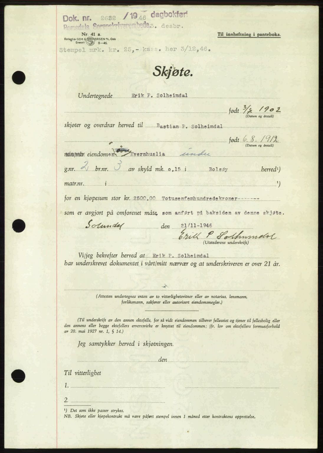 Romsdal sorenskriveri, AV/SAT-A-4149/1/2/2C: Mortgage book no. A21, 1946-1946, Diary no: : 2622/1946