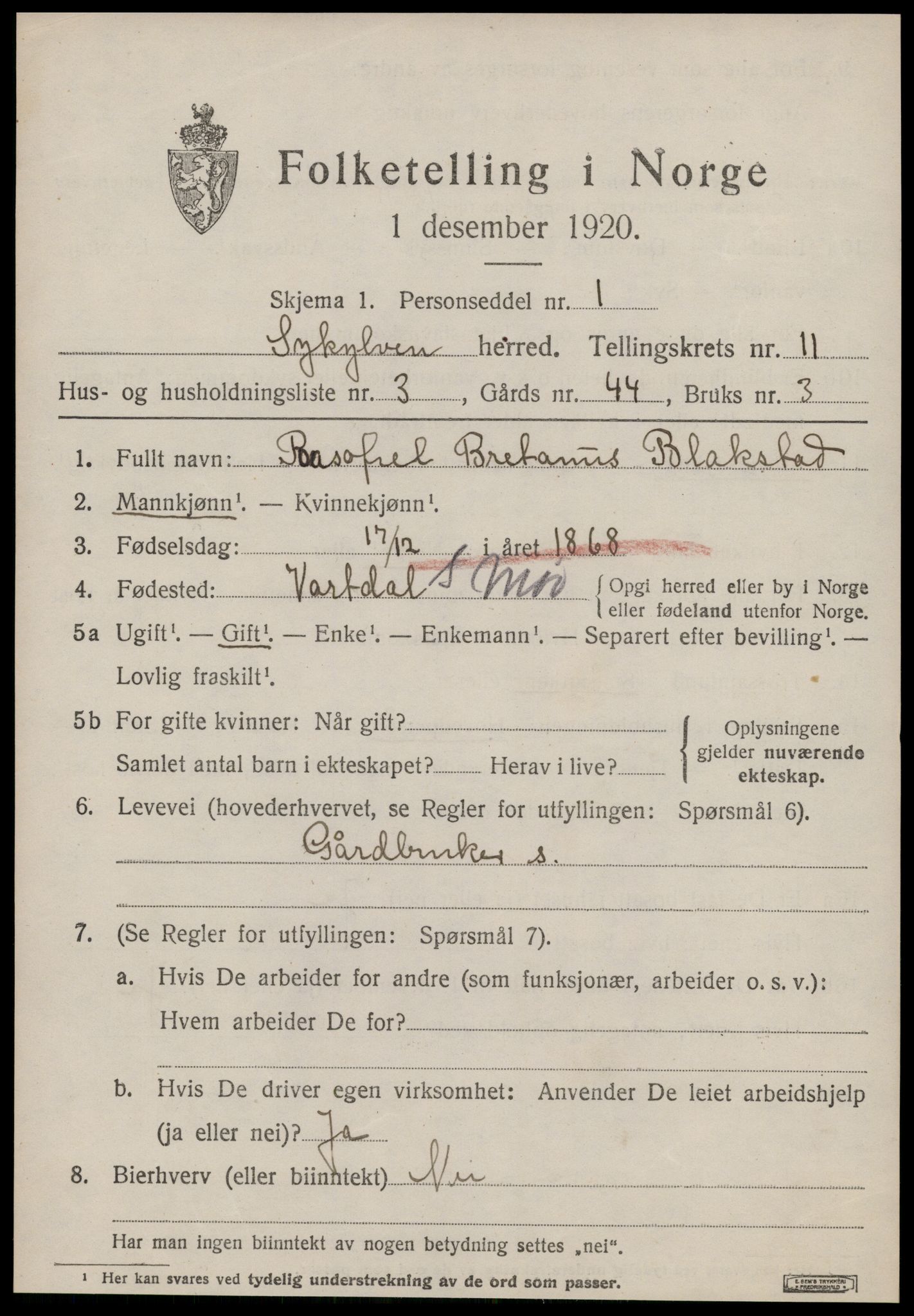 SAT, 1920 census for Sykkylven, 1920, p. 5433