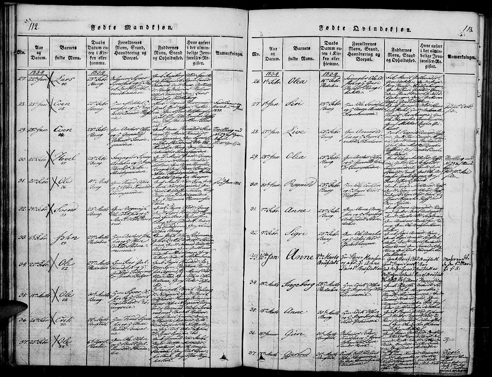 Sør-Aurdal prestekontor, AV/SAH-PREST-128/H/Ha/Haa/L0003: Parish register (official) no. 3, 1825-1840, p. 112-113