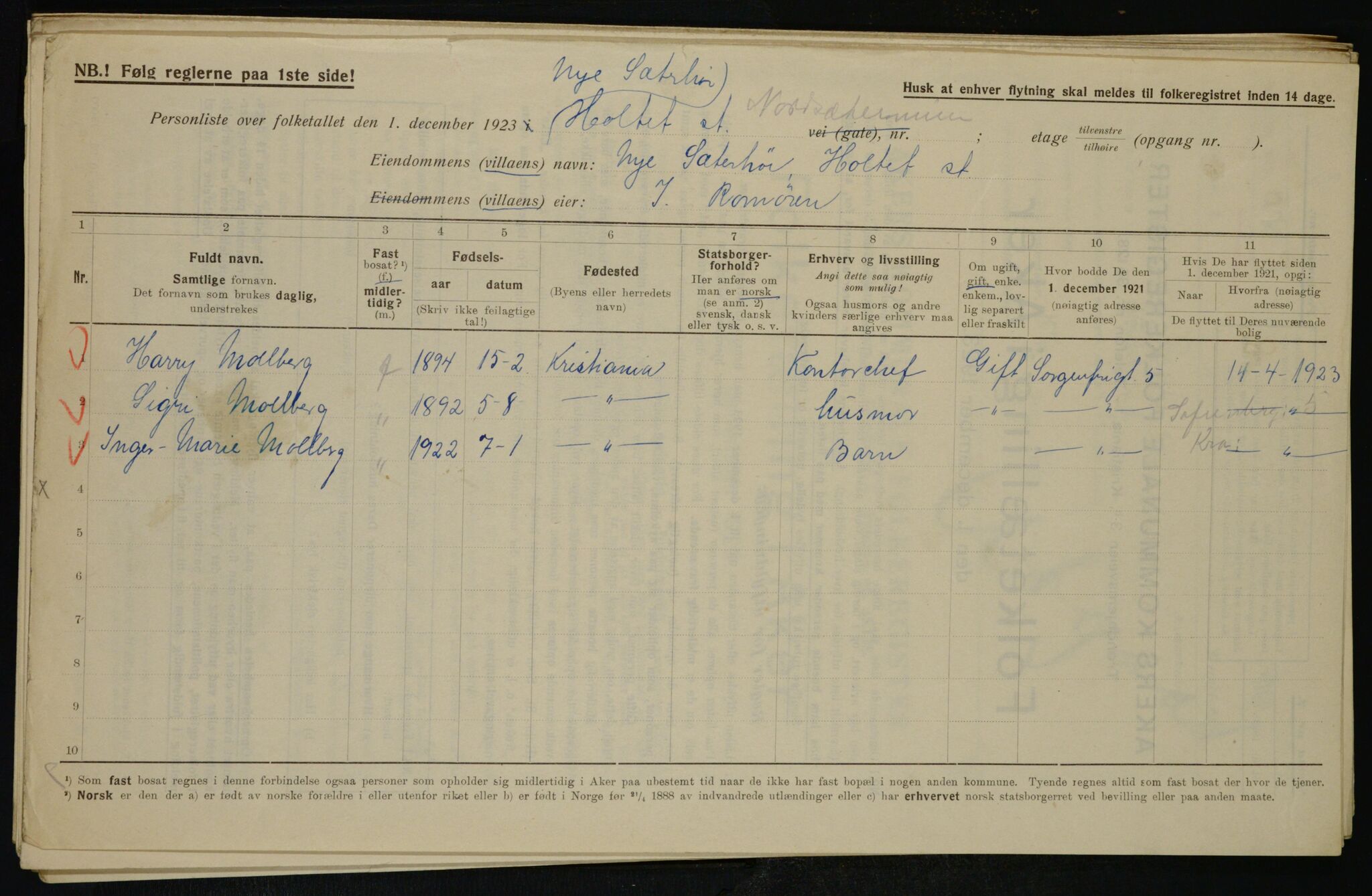 , Municipal Census 1923 for Aker, 1923, p. 43982