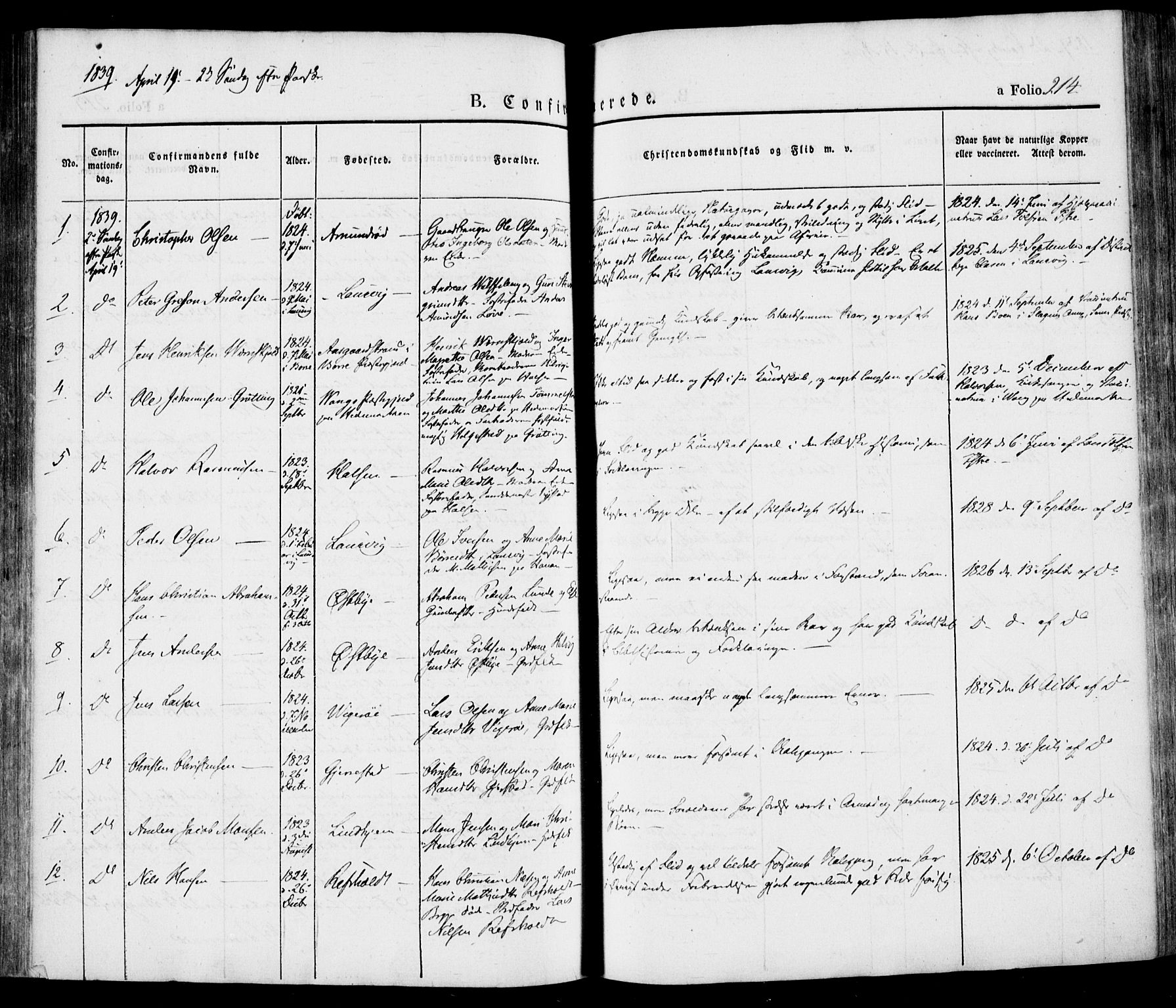 Tjølling kirkebøker, SAKO/A-60/F/Fa/L0006: Parish register (official) no. 6, 1835-1859, p. 214