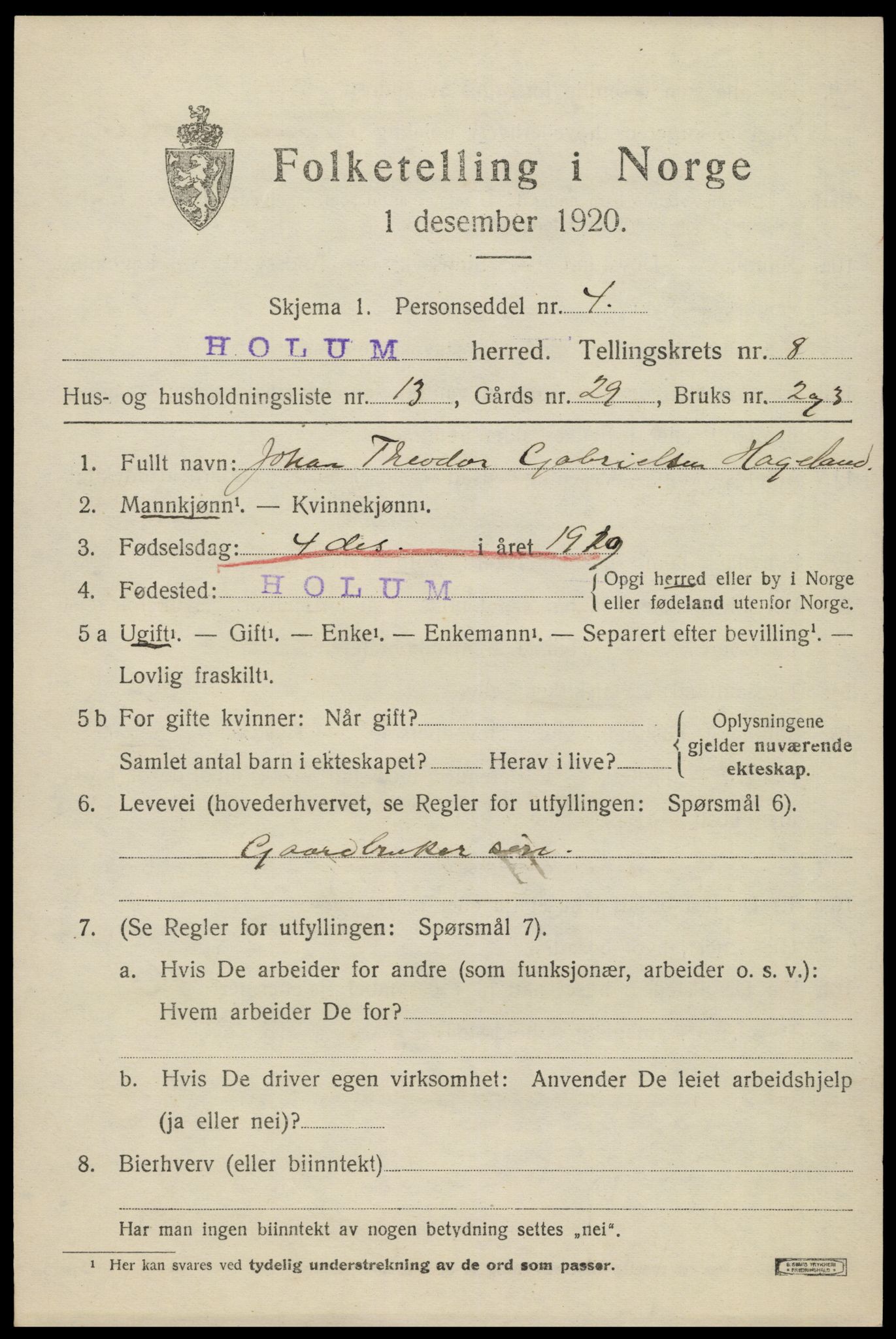 SAK, 1920 census for Holum, 1920, p. 2619