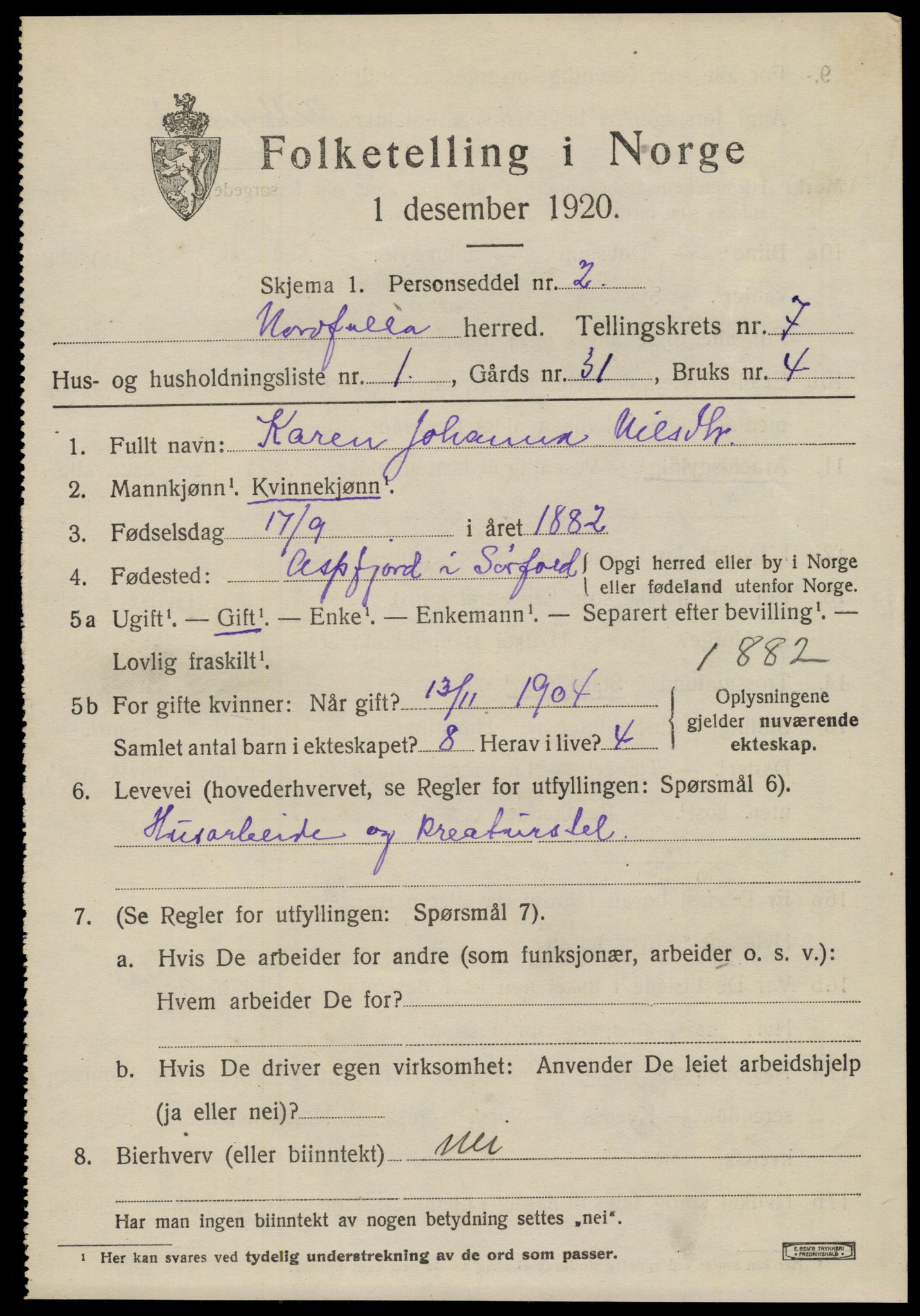 SAT, 1920 census for Nordfold, 1920, p. 2993