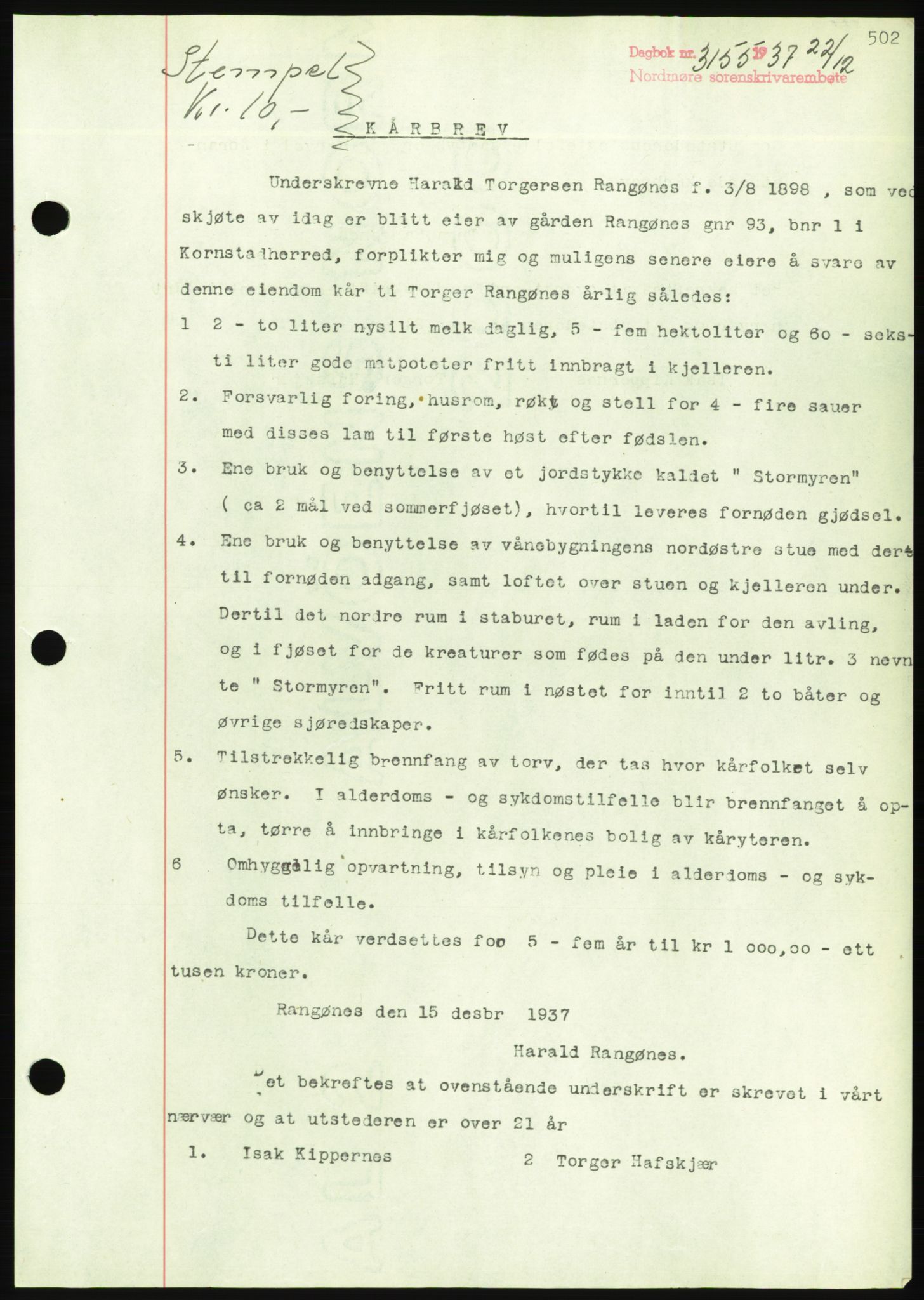 Nordmøre sorenskriveri, AV/SAT-A-4132/1/2/2Ca/L0092: Mortgage book no. B82, 1937-1938, Diary no: : 3155/1937