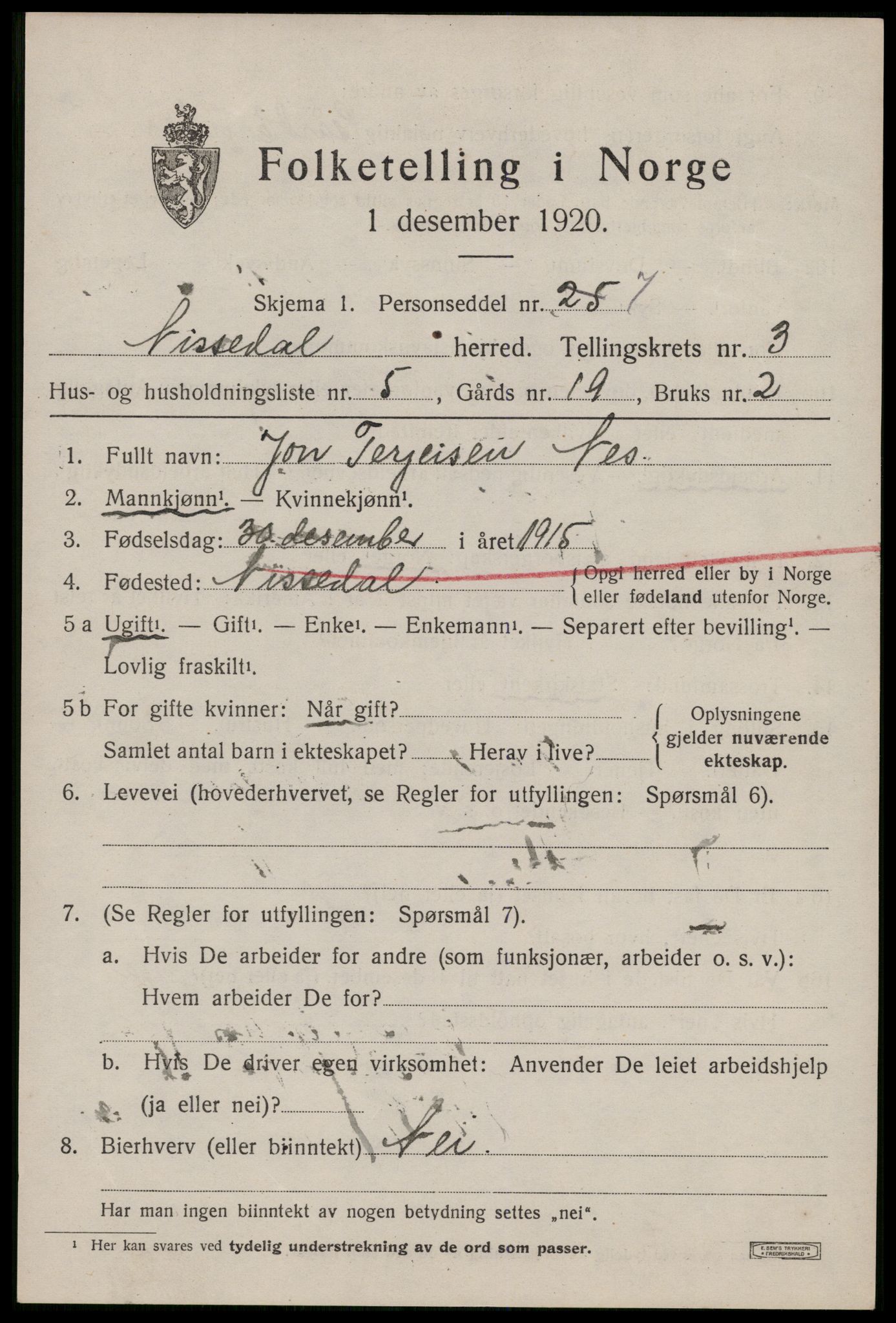 SAKO, 1920 census for Nissedal, 1920, p. 1545
