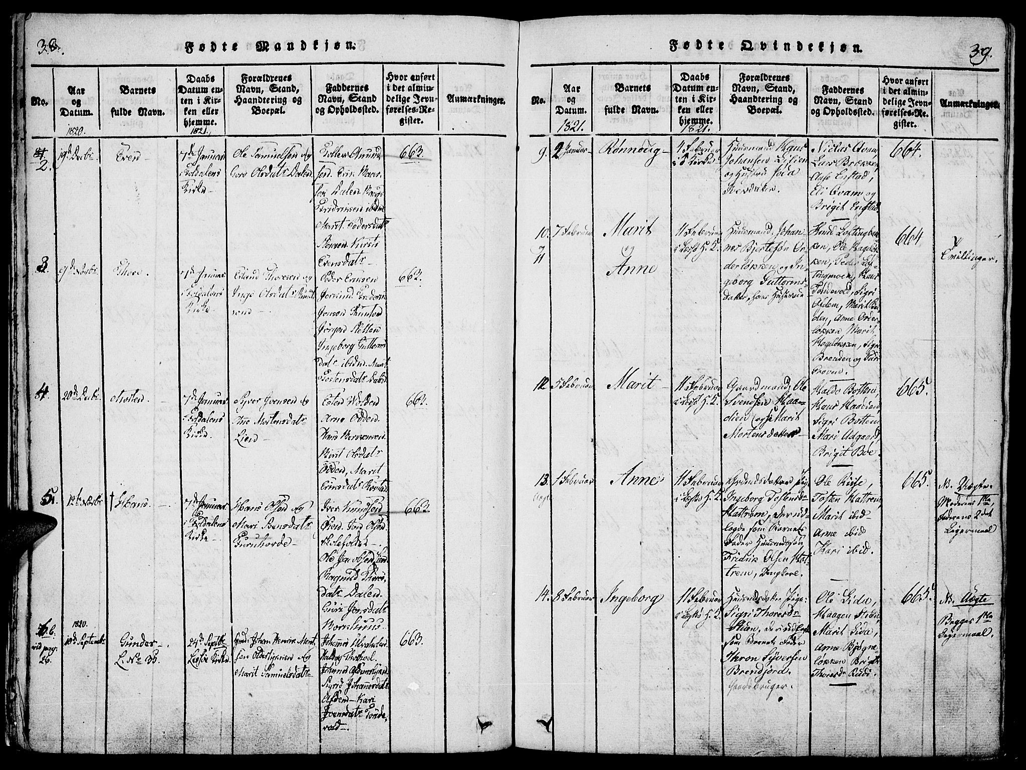 Lesja prestekontor, SAH/PREST-068/H/Ha/Haa/L0004: Parish register (official) no. 4, 1820-1829, p. 38-39