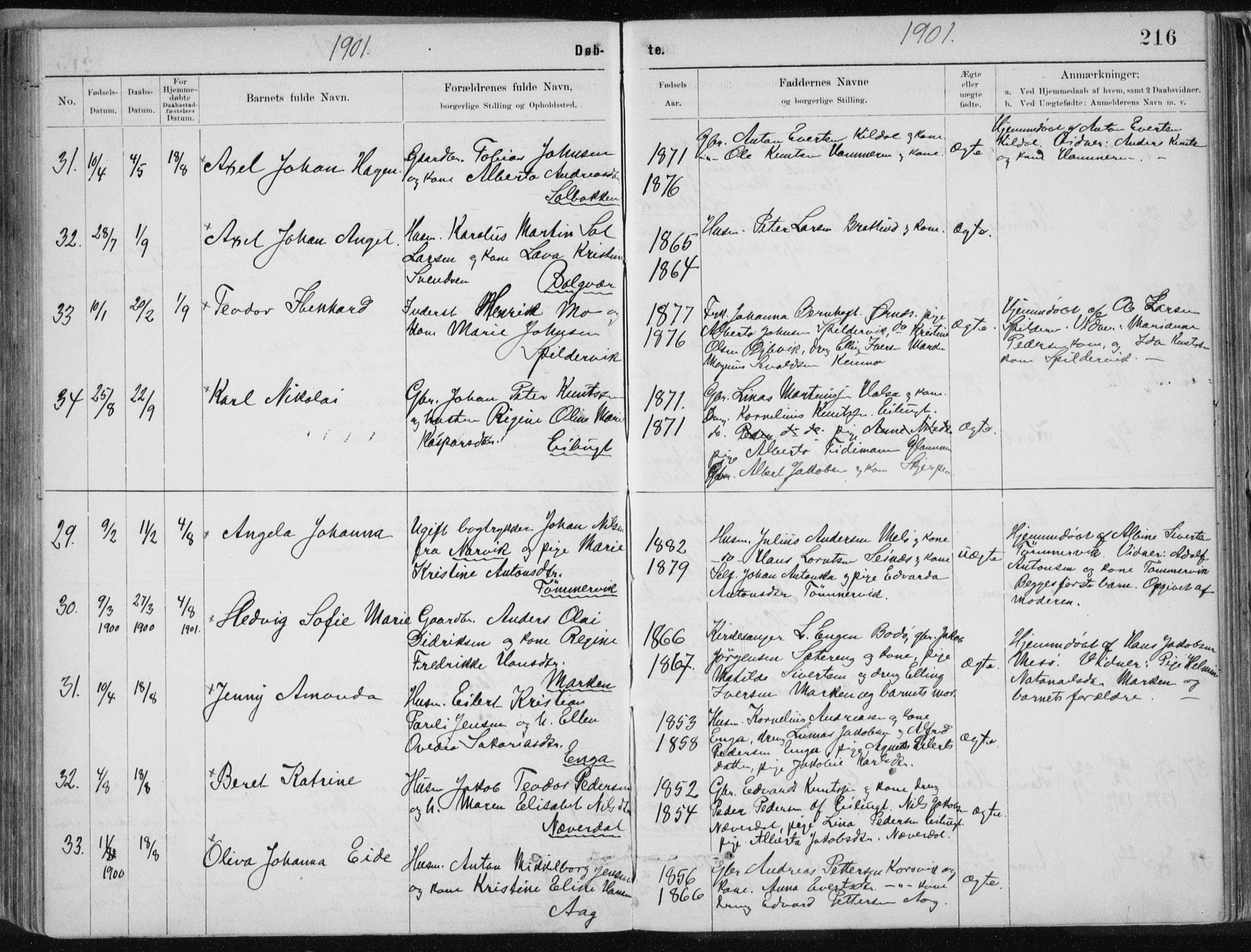 Ministerialprotokoller, klokkerbøker og fødselsregistre - Nordland, AV/SAT-A-1459/843/L0636: Parish register (copy) no. 843C05, 1884-1909, p. 216