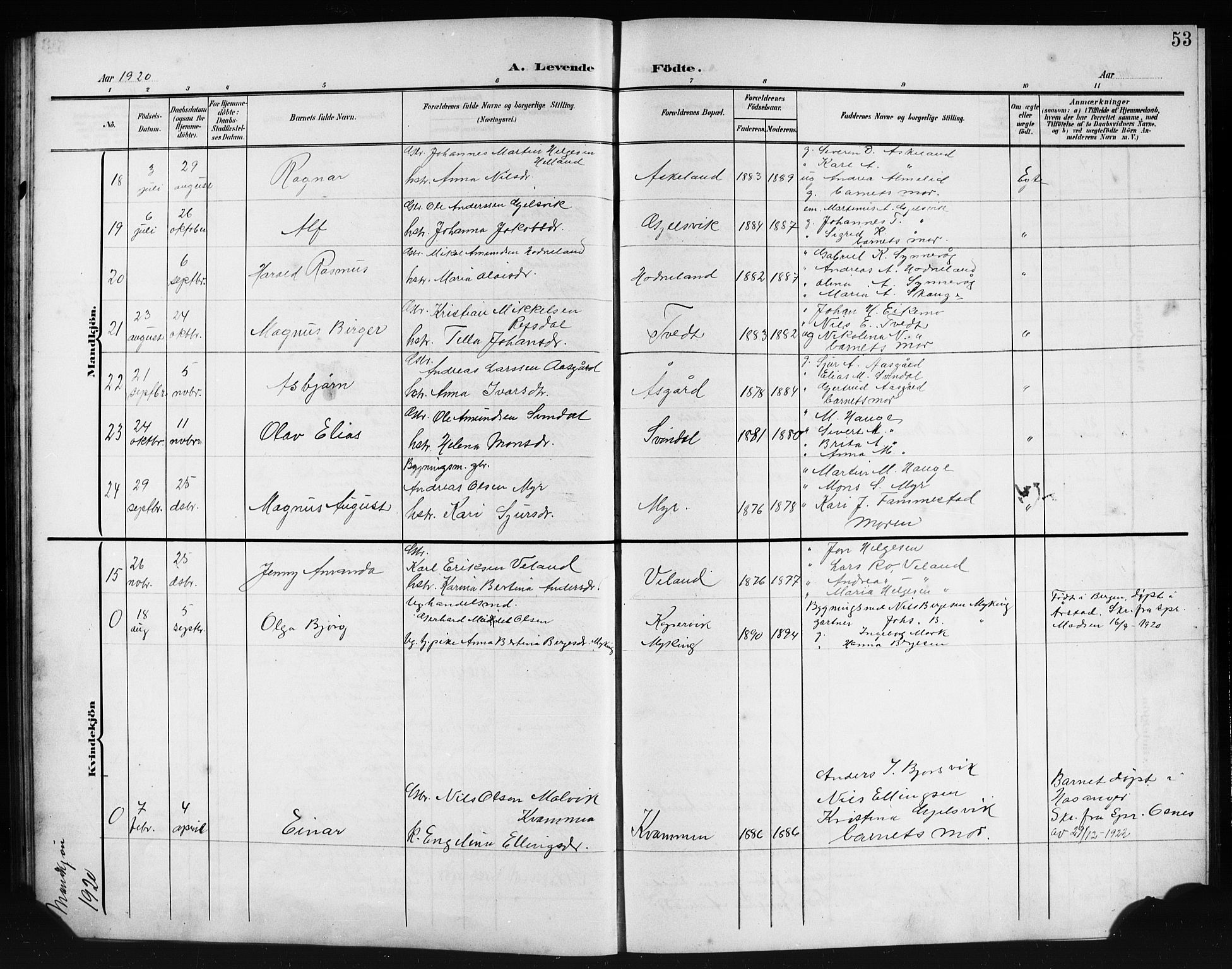 Lindås Sokneprestembete, SAB/A-76701/H/Hab: Parish register (copy) no. E 4, 1906-1921, p. 53