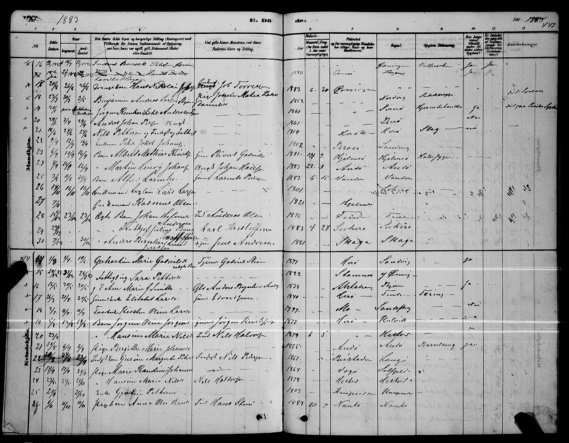 Ministerialprotokoller, klokkerbøker og fødselsregistre - Nordland, SAT/A-1459/834/L0513: Parish register (copy) no. 834C04, 1877-1892, p. 443