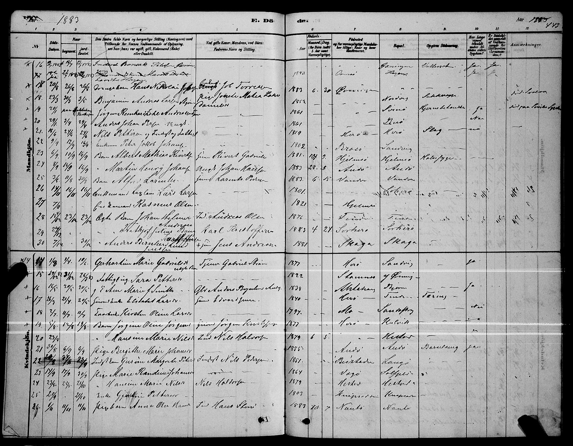 Ministerialprotokoller, klokkerbøker og fødselsregistre - Nordland, AV/SAT-A-1459/834/L0513: Parish register (copy) no. 834C04, 1877-1892, p. 443