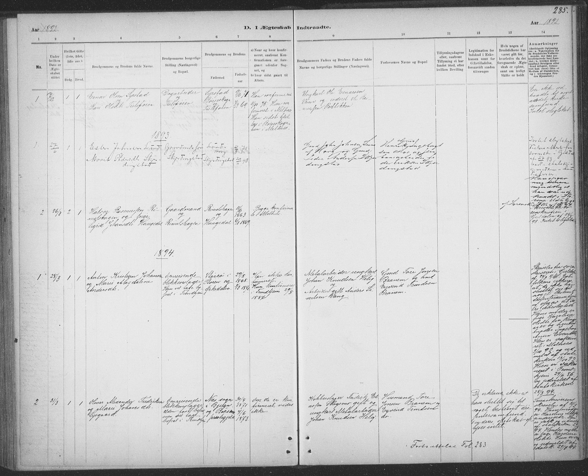 Ministerialprotokoller, klokkerbøker og fødselsregistre - Sør-Trøndelag, SAT/A-1456/691/L1085: Parish register (official) no. 691A17, 1887-1908, p. 285