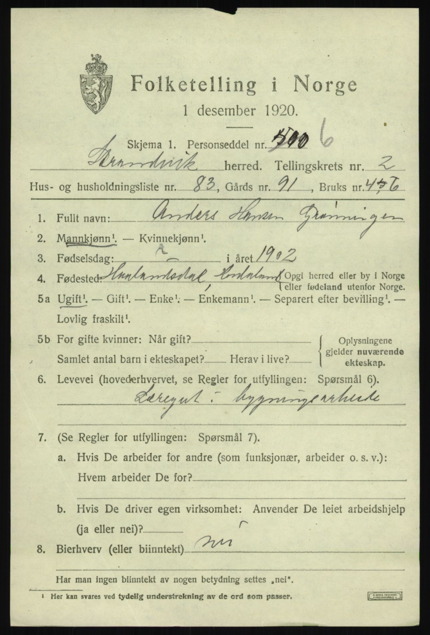 SAB, 1920 census for Strandvik, 1920, p. 2234