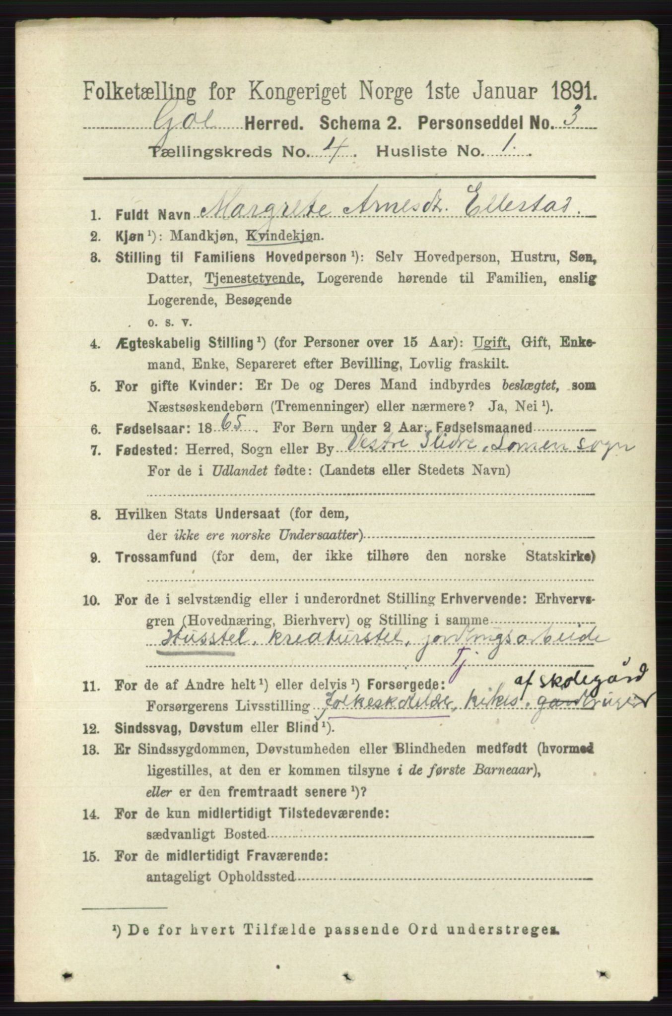 RA, 1891 census for 0617 Gol og Hemsedal, 1891, p. 1820