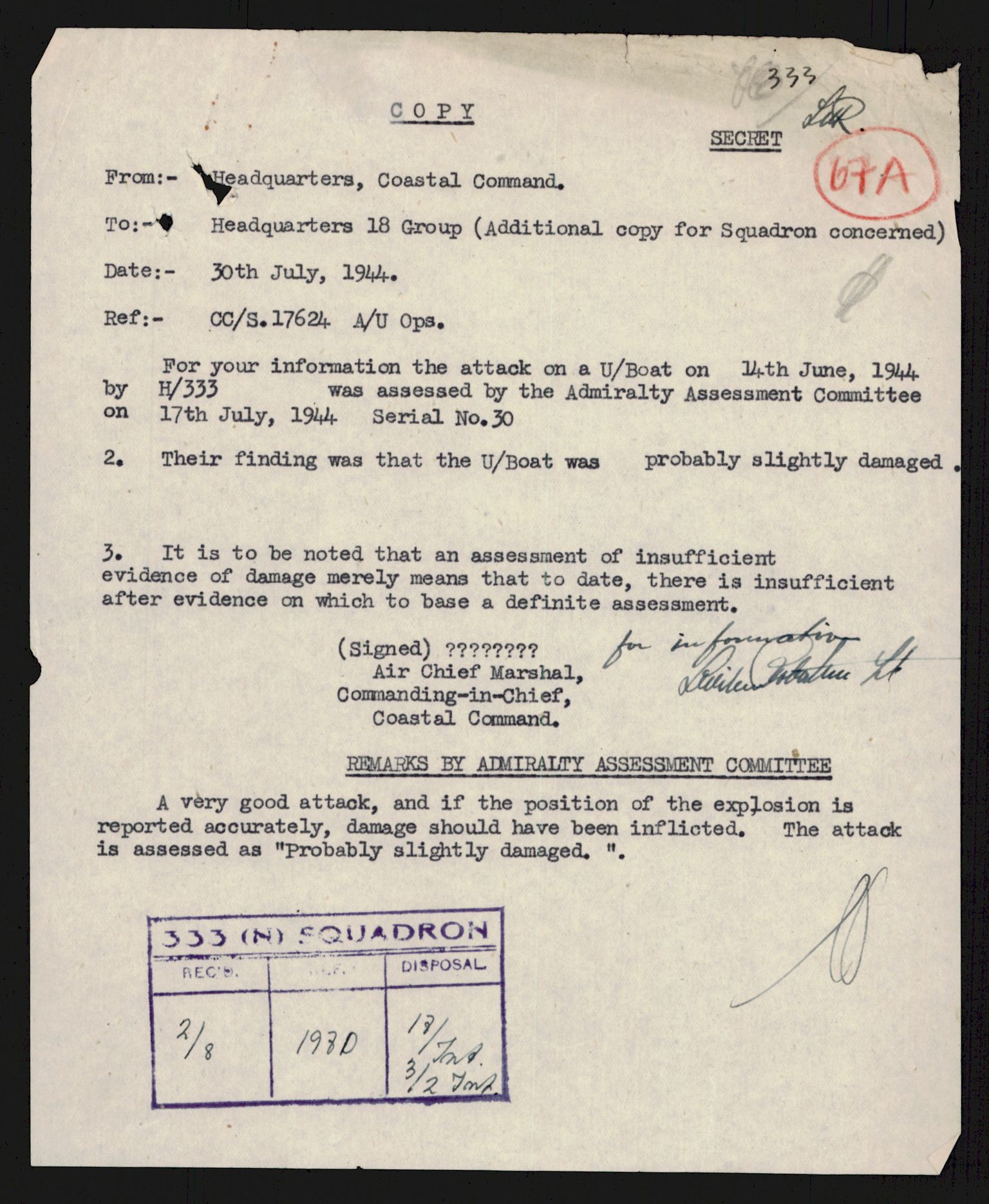 Forsvaret, 333 Skvadron, AV/RA-RAFA-2003/1/Da/L0041: Combat, Crash and and Circumstantial Reports , 1943-1945, p. 289