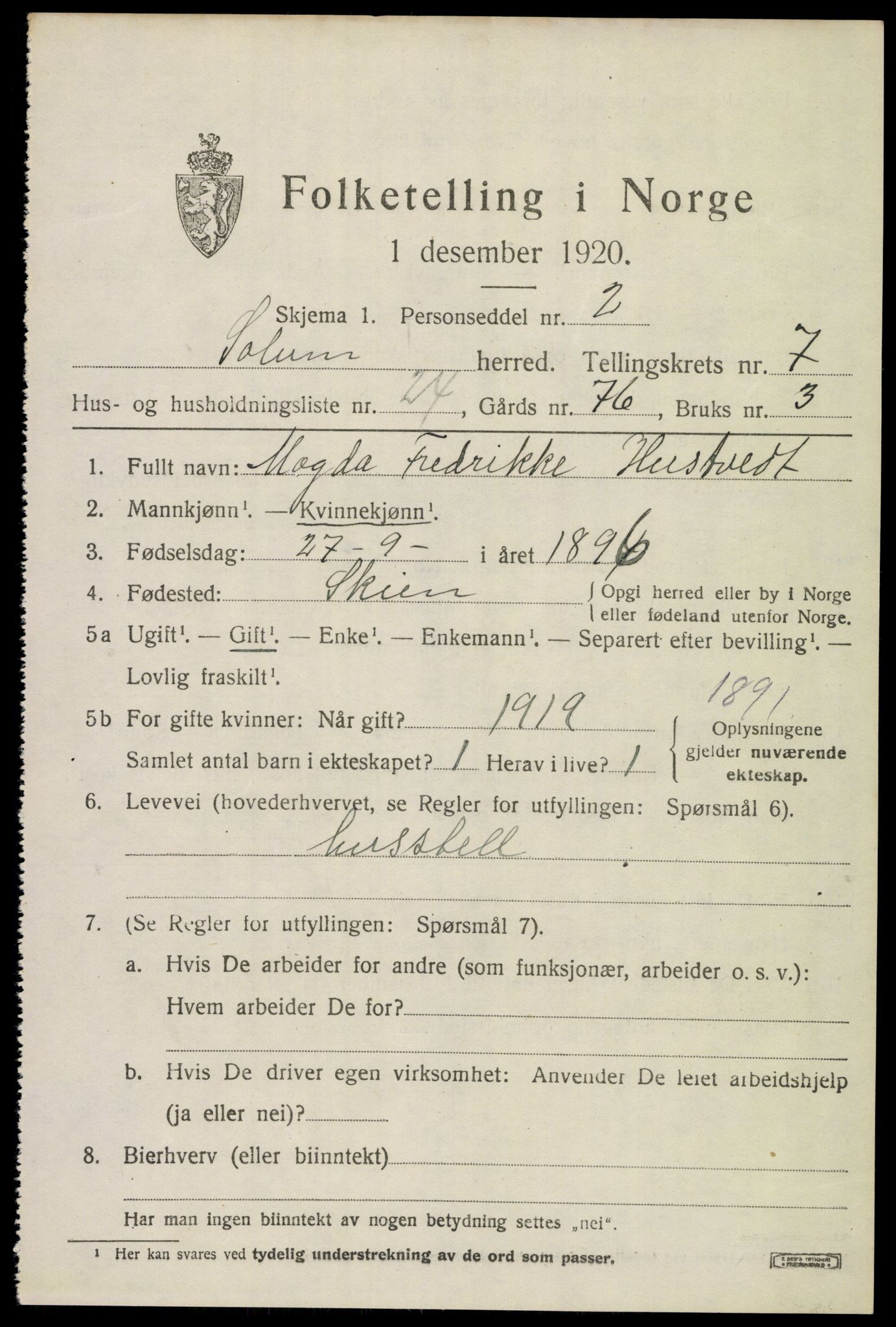 SAKO, 1920 census for Solum, 1920, p. 14072