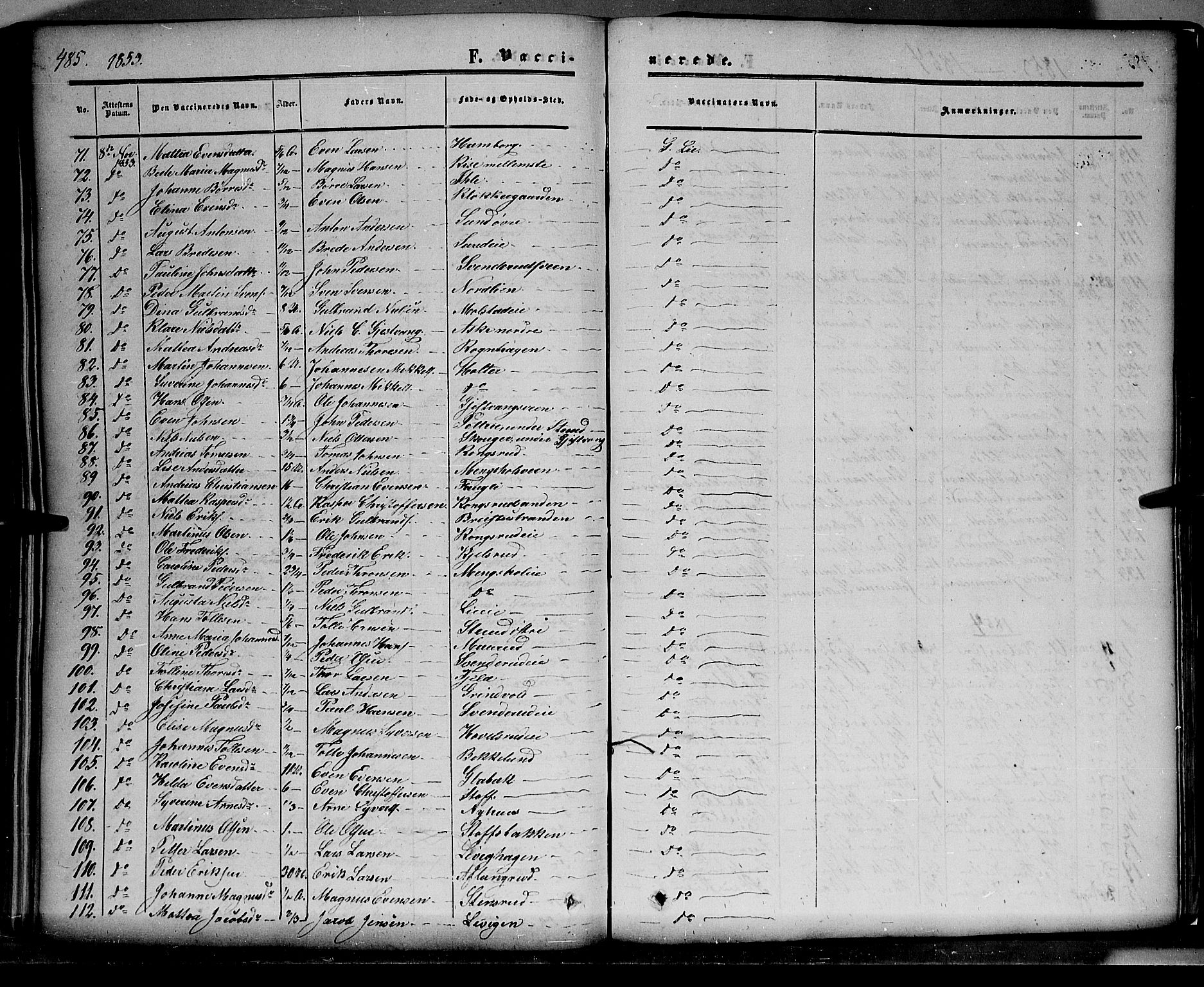 Nes prestekontor, Hedmark, SAH/PREST-020/K/Ka/L0004: Parish register (official) no. 4, 1852-1886, p. 485
