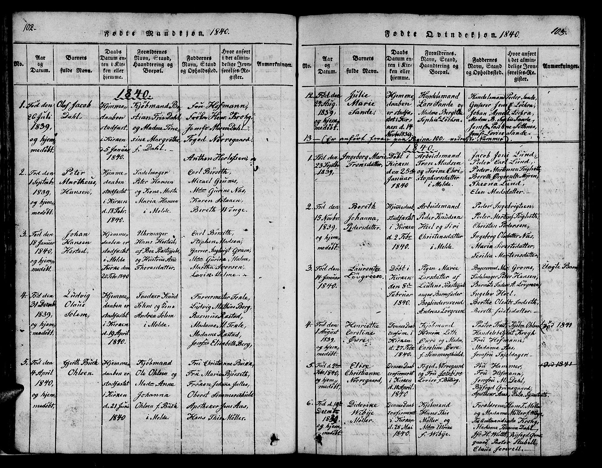 Ministerialprotokoller, klokkerbøker og fødselsregistre - Møre og Romsdal, SAT/A-1454/558/L0700: Parish register (copy) no. 558C01, 1818-1868, p. 102-103
