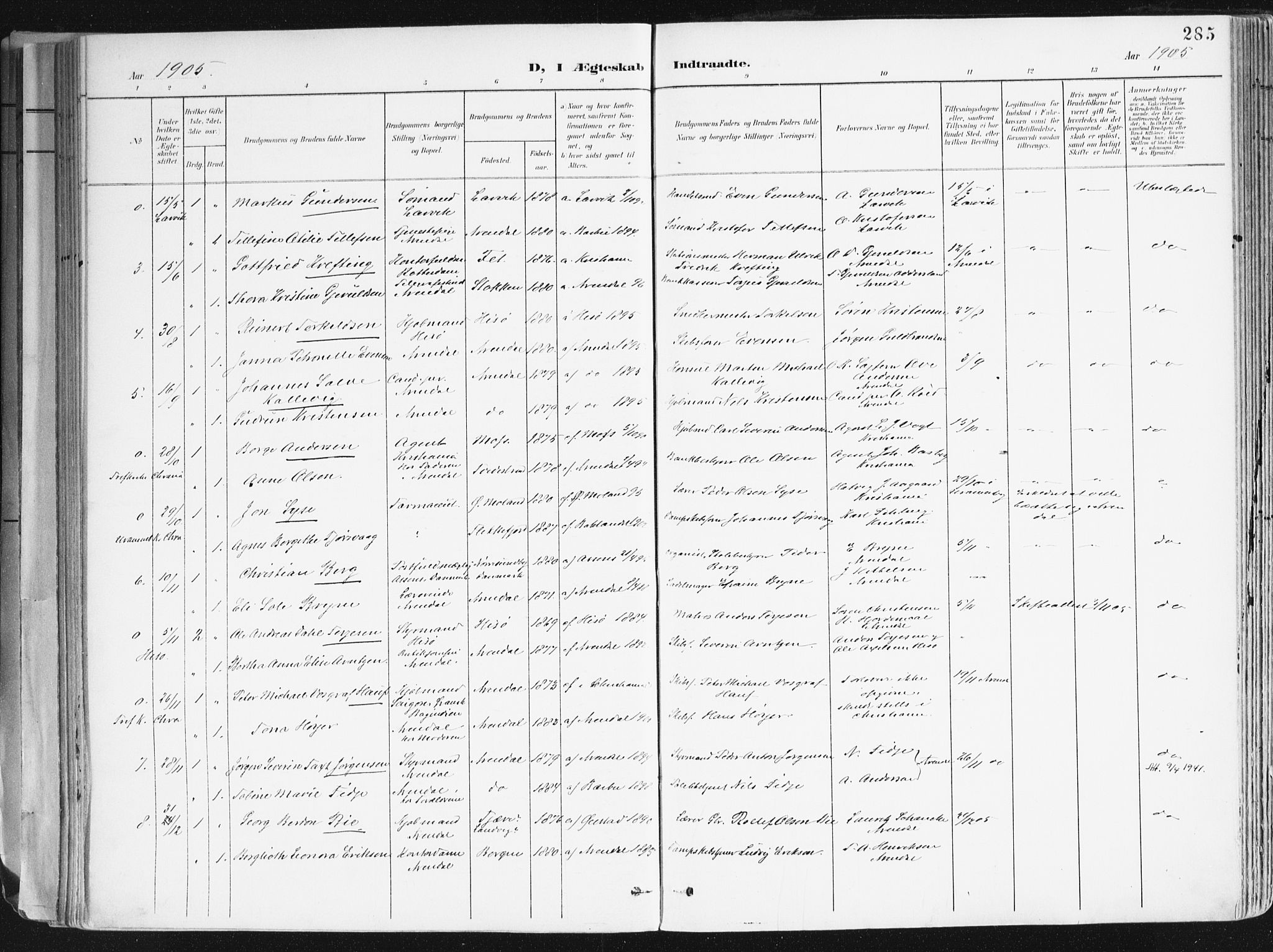 Arendal sokneprestkontor, Trefoldighet, AV/SAK-1111-0040/F/Fa/L0010: Parish register (official) no. A 10, 1900-1919, p. 285