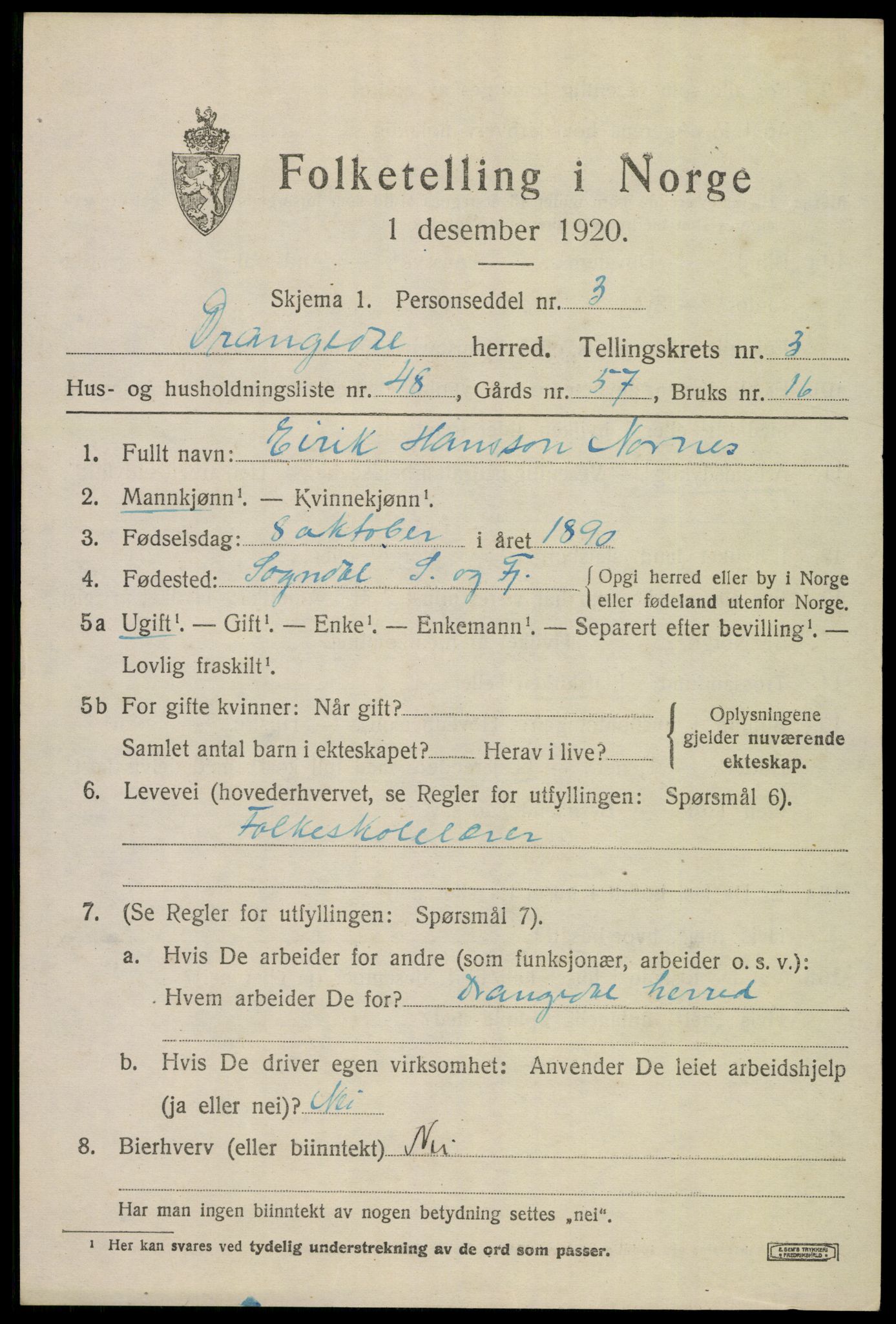SAKO, 1920 census for Drangedal, 1920, p. 3145
