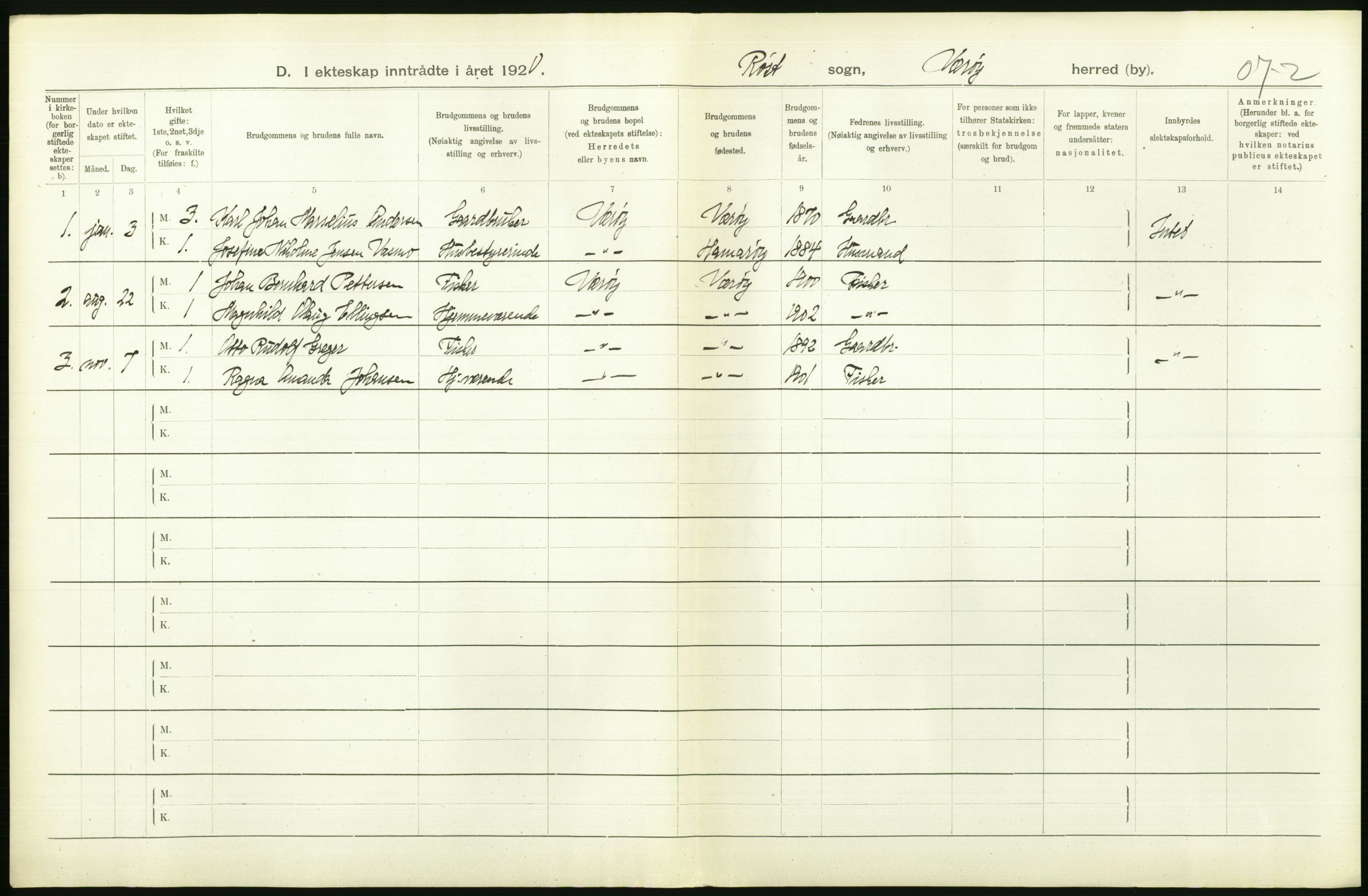 Statistisk sentralbyrå, Sosiodemografiske emner, Befolkning, RA/S-2228/D/Df/Dfb/Dfbj/L0057: Nordland fylke: Gifte, dødfødte. Bygder og byer., 1920, p. 260