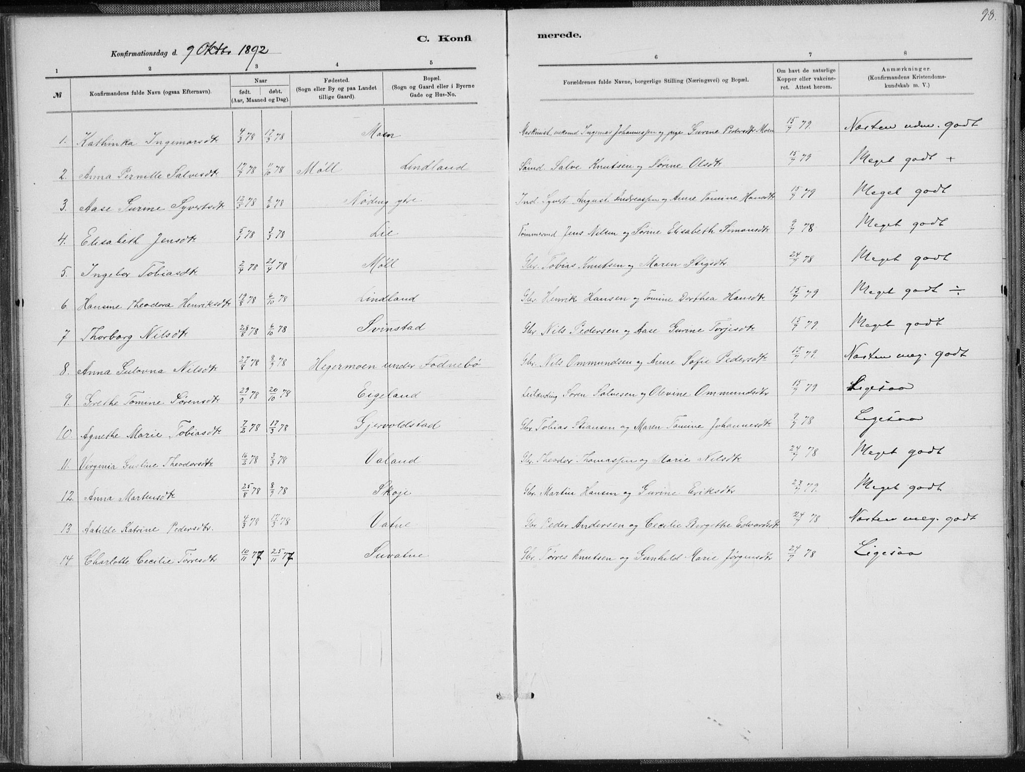 Holum sokneprestkontor, AV/SAK-1111-0022/F/Fa/Faa/L0007: Parish register (official) no. A 7, 1884-1907, p. 98