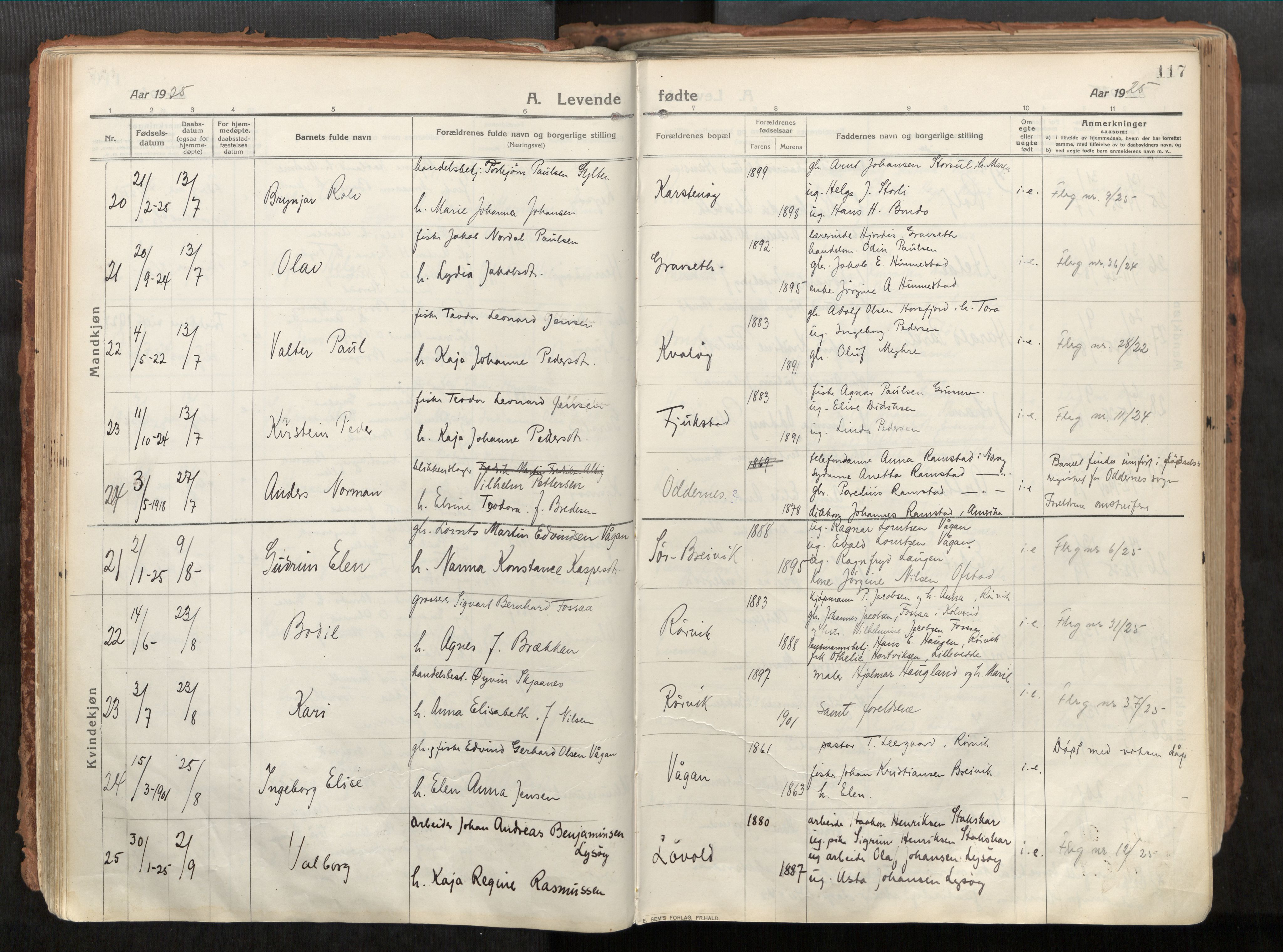 Vikna sokneprestkontor, AV/SAT-A-1173/1/I/I1/I1a/L0001: Parish register (official) no. 1, 1913-1934, p. 117