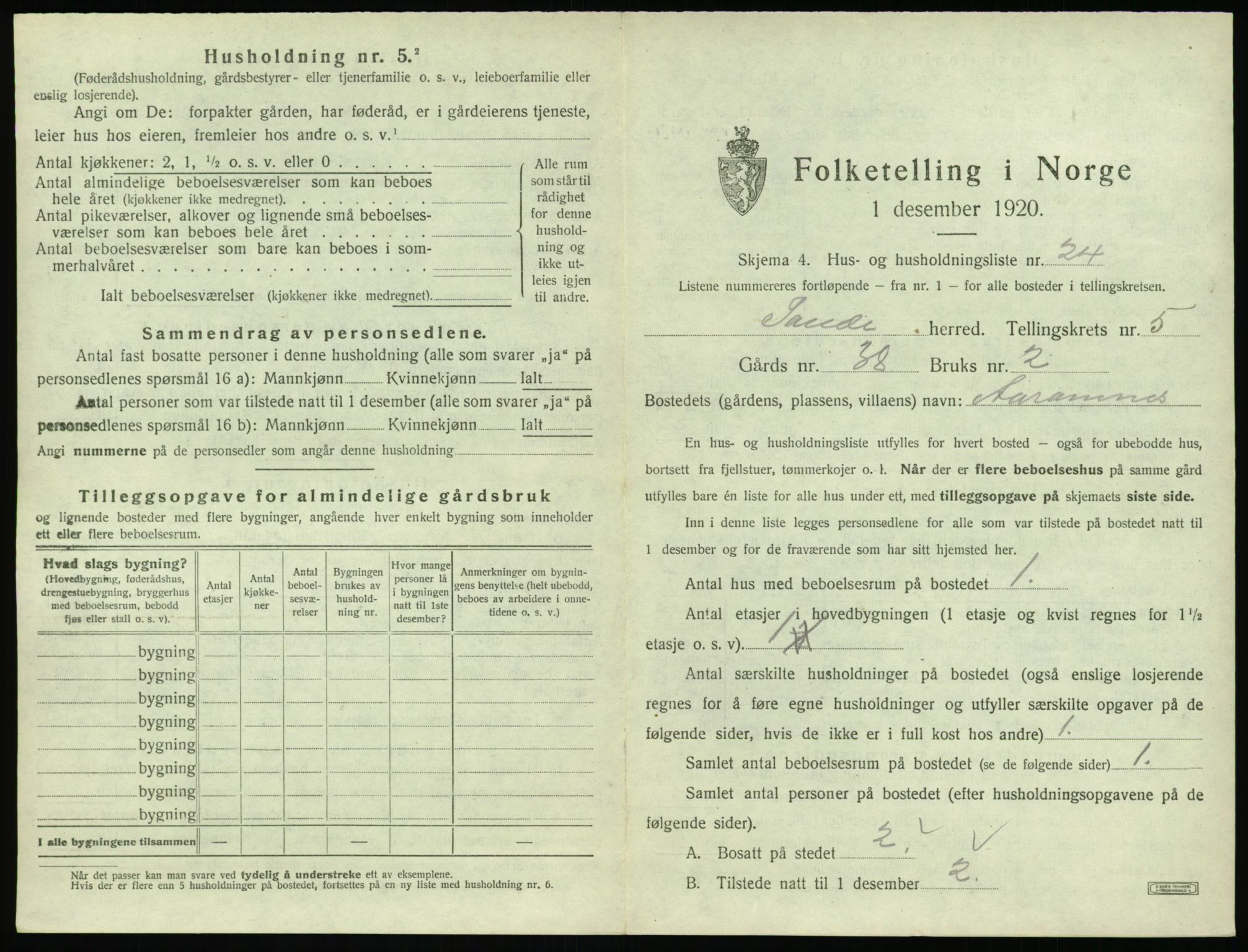 SAT, 1920 census for Sande (MR), 1920, p. 450