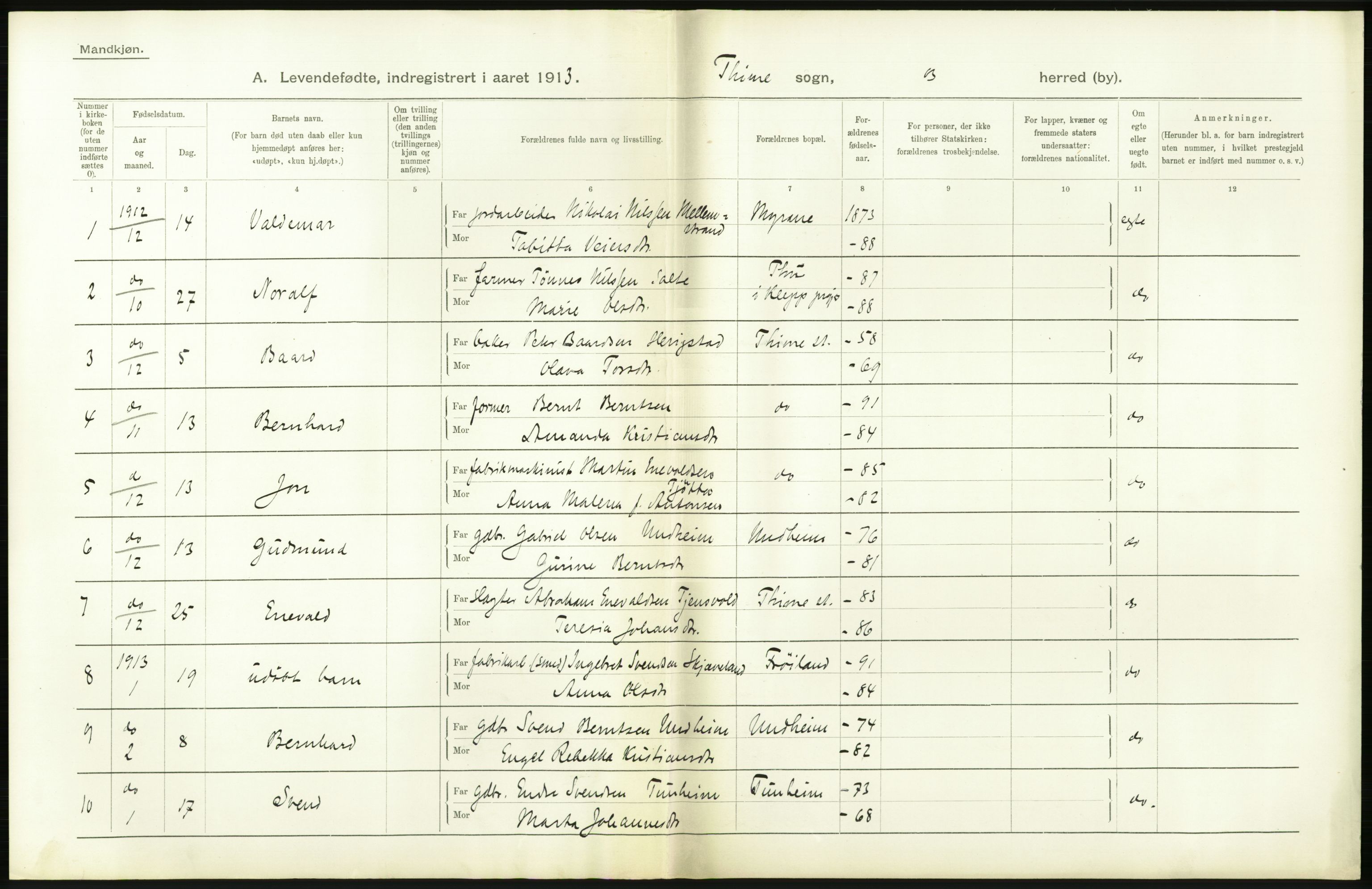 Statistisk sentralbyrå, Sosiodemografiske emner, Befolkning, AV/RA-S-2228/D/Df/Dfb/Dfbc/L0025: Stavanger amt: Levendefødte menn og kvinner. Bygder., 1913, p. 26