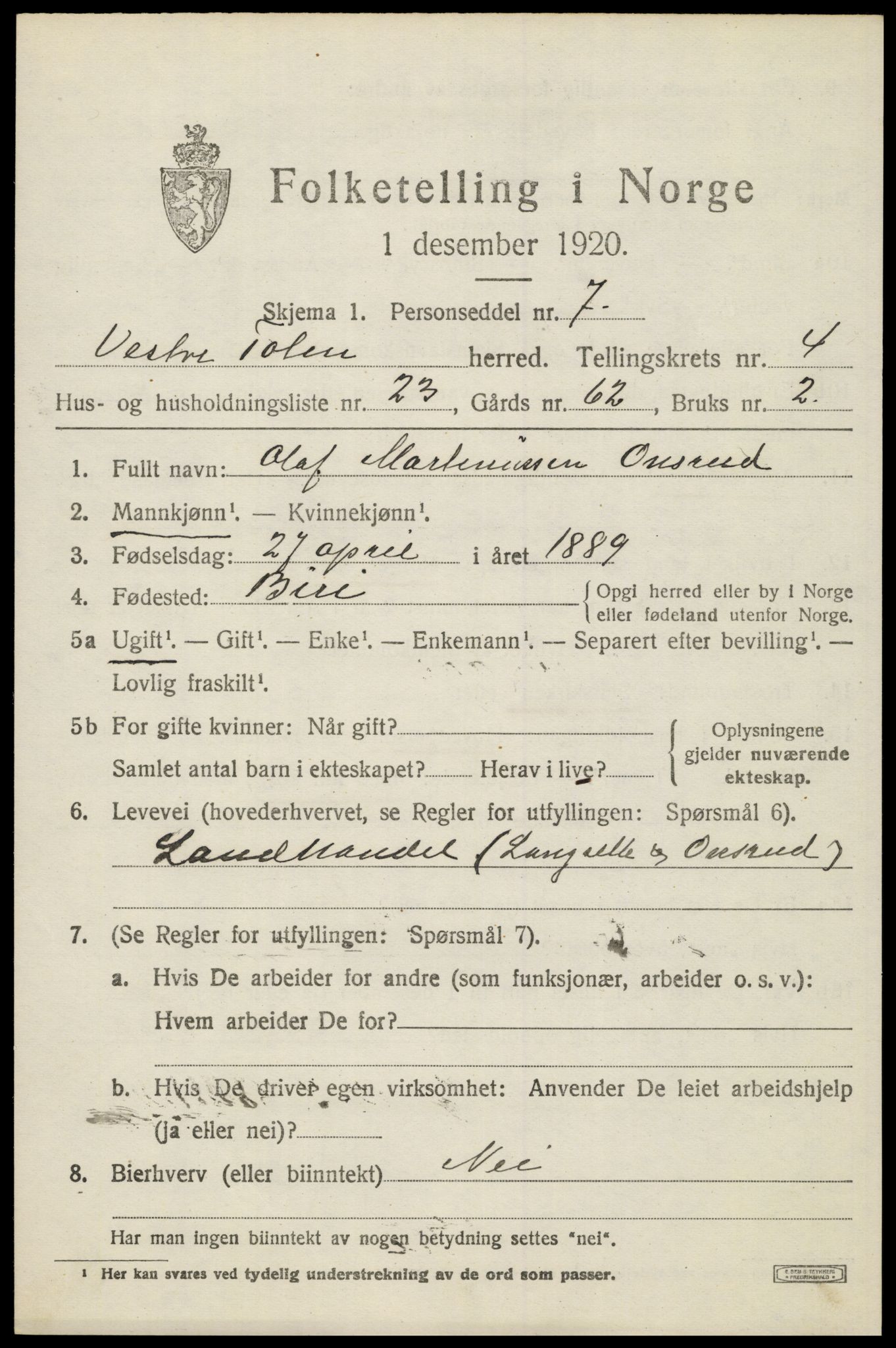 SAH, 1920 census for Vestre Toten, 1920, p. 5880