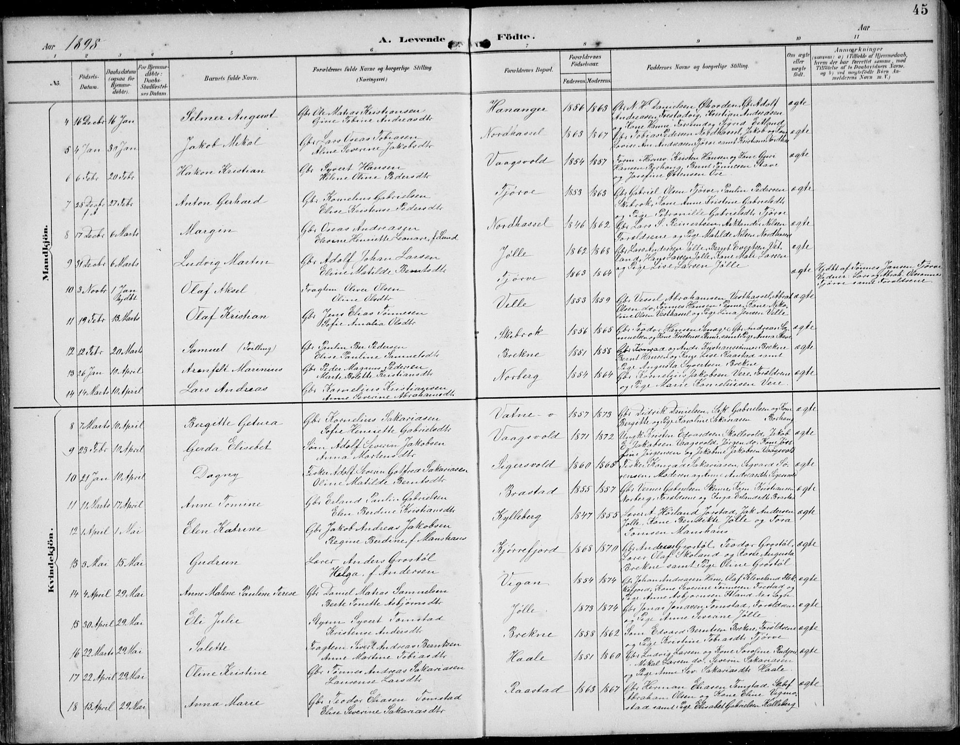 Lista sokneprestkontor, SAK/1111-0027/F/Fb/L0005: Parish register (copy) no. B 5, 1892-1923, p. 45