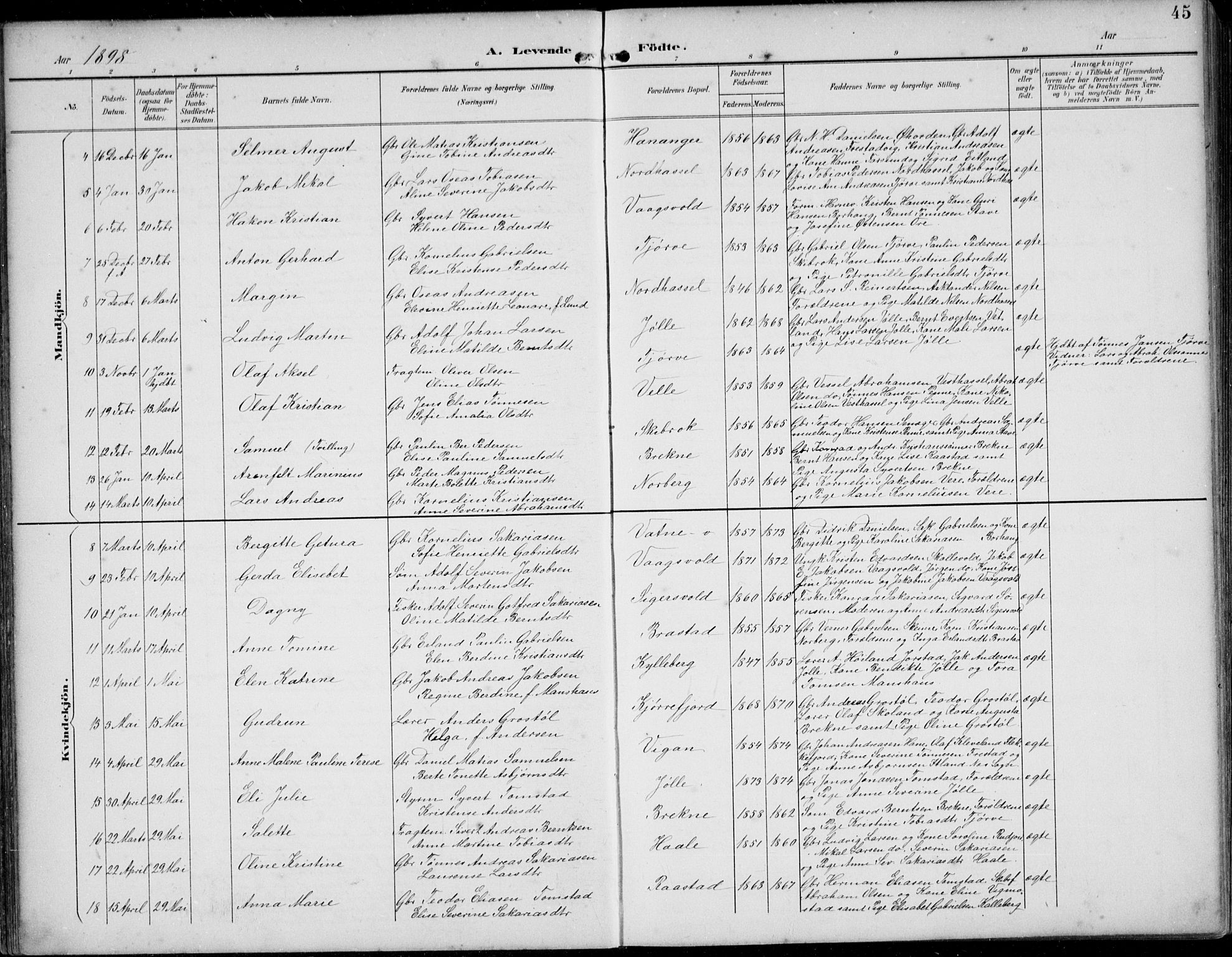 Lista sokneprestkontor, AV/SAK-1111-0027/F/Fb/L0005: Parish register (copy) no. B 5, 1892-1923, p. 45