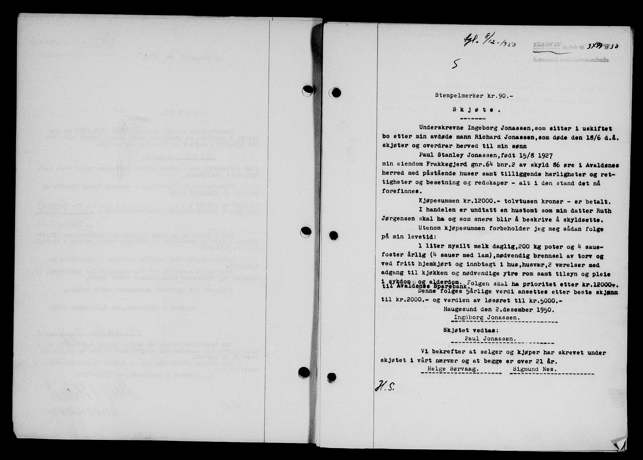 Karmsund sorenskriveri, SAST/A-100311/01/II/IIB/L0101: Mortgage book no. 81A, 1950-1951, Diary no: : 3499/1950