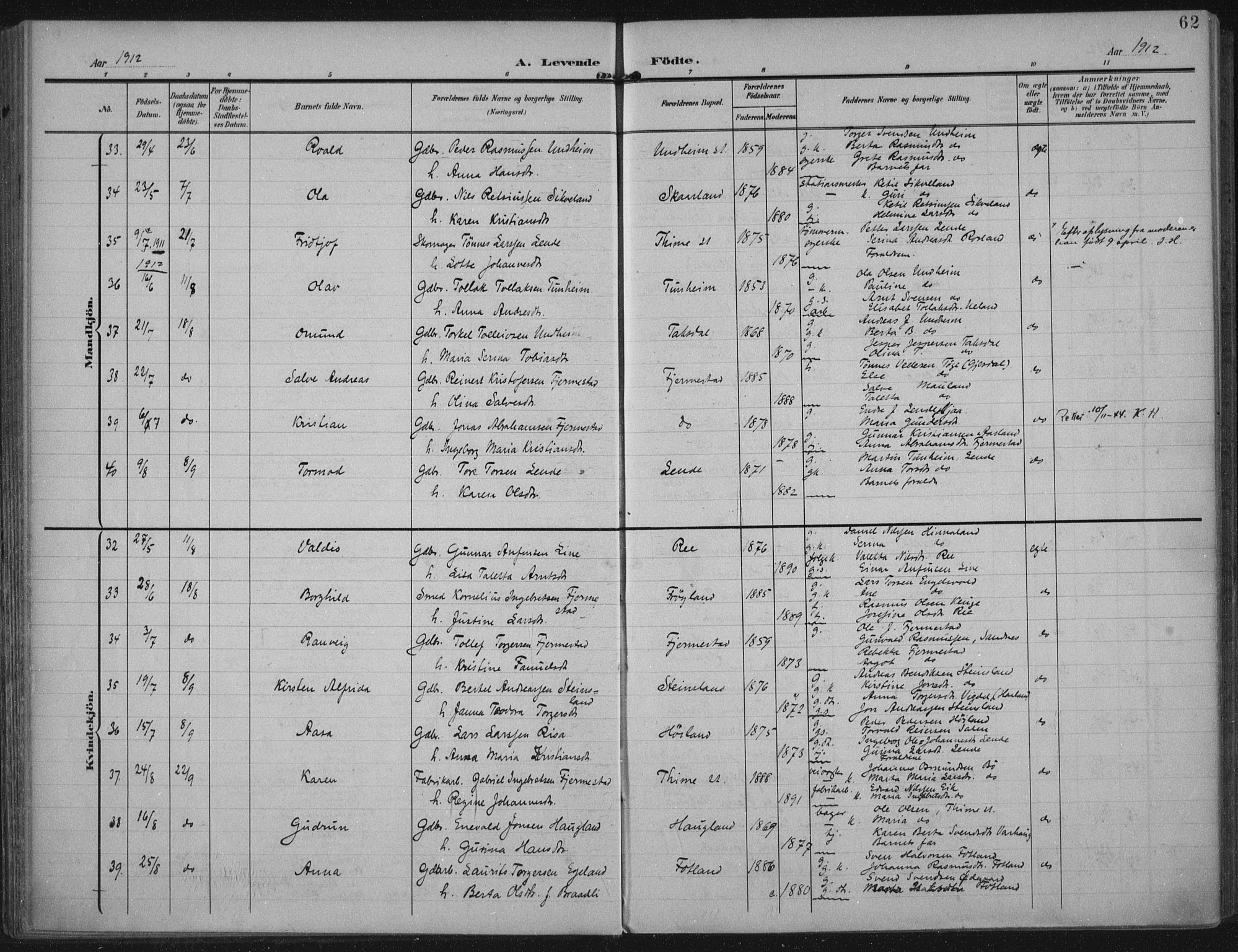 Lye sokneprestkontor, AV/SAST-A-101794/002/A/L0001: Parish register (official) no. A 12, 1904-1920, p. 62