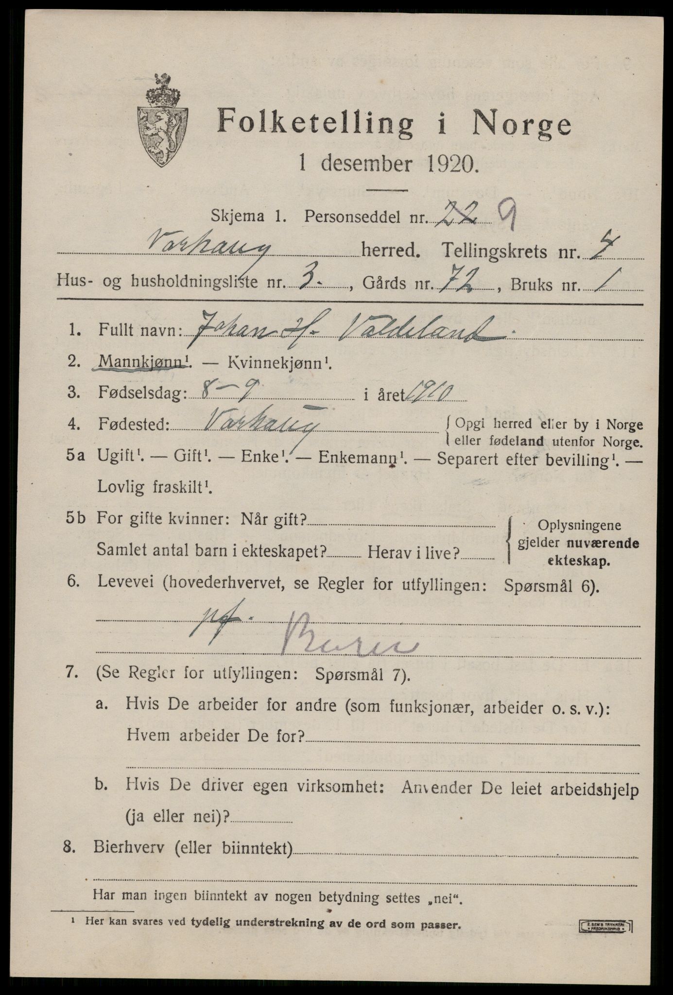 SAST, 1920 census for Varhaug, 1920, p. 3657