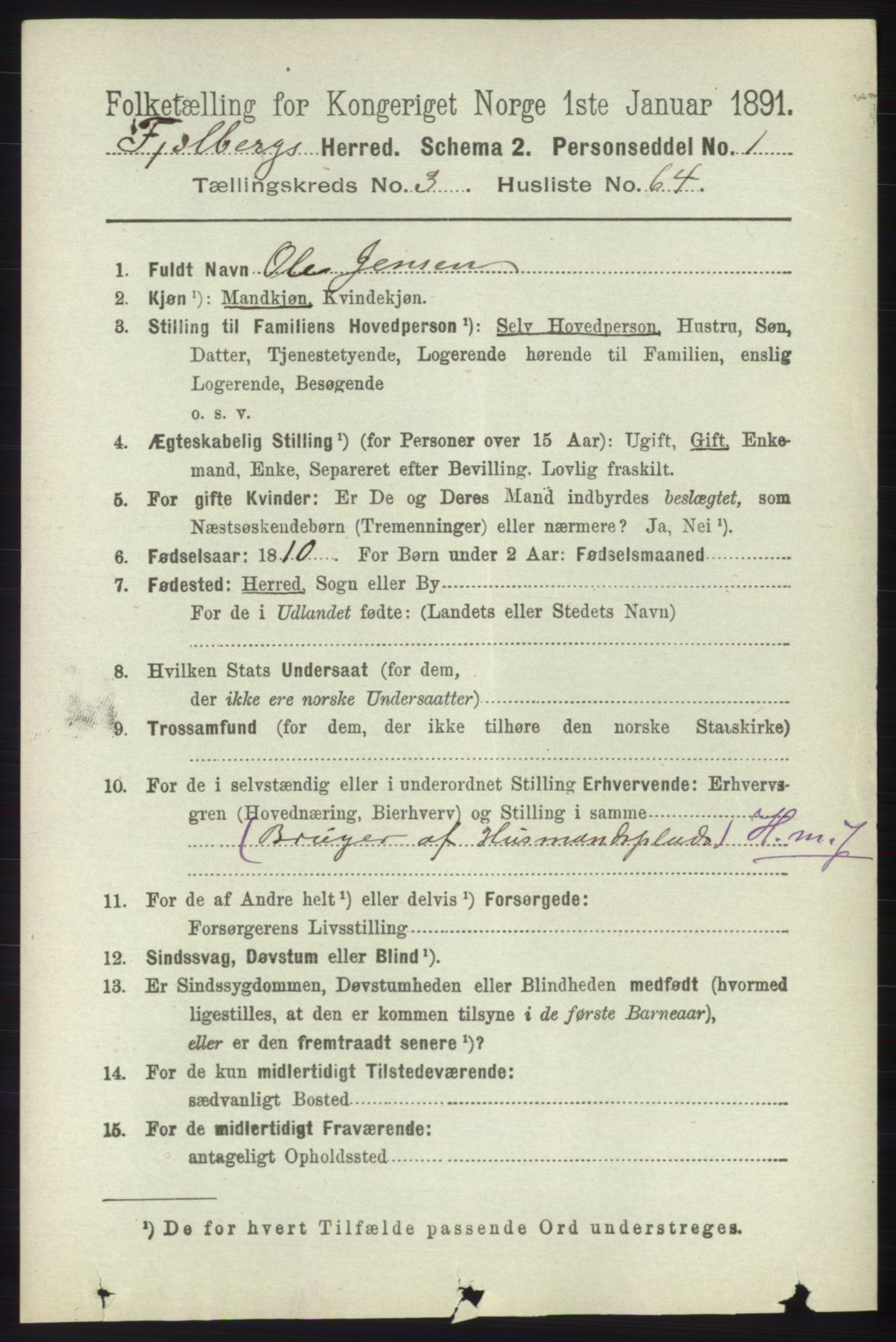 RA, 1891 census for 1213 Fjelberg, 1891, p. 1123