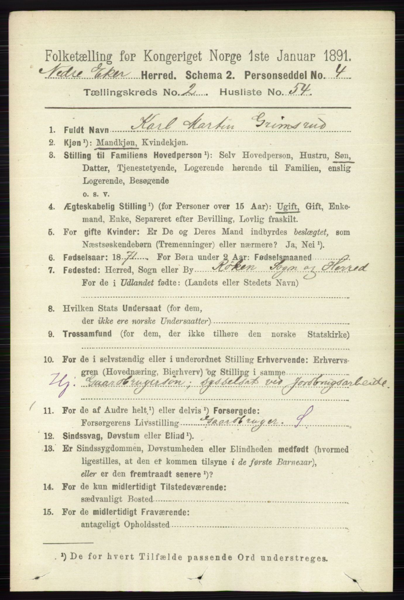 RA, 1891 census for 0625 Nedre Eiker, 1891, p. 833
