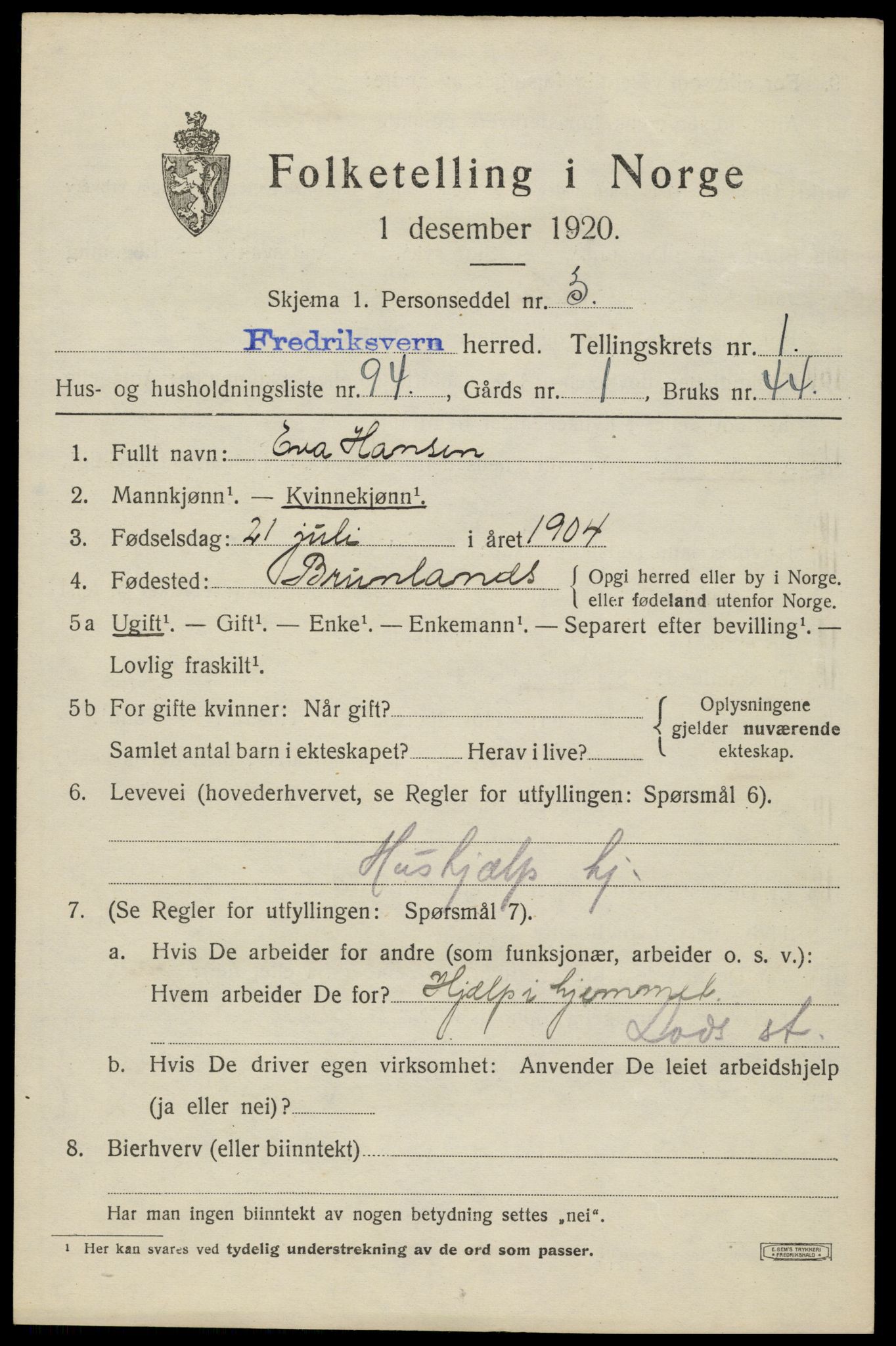 SAKO, 1920 census for Fredriksvern, 1920, p. 981