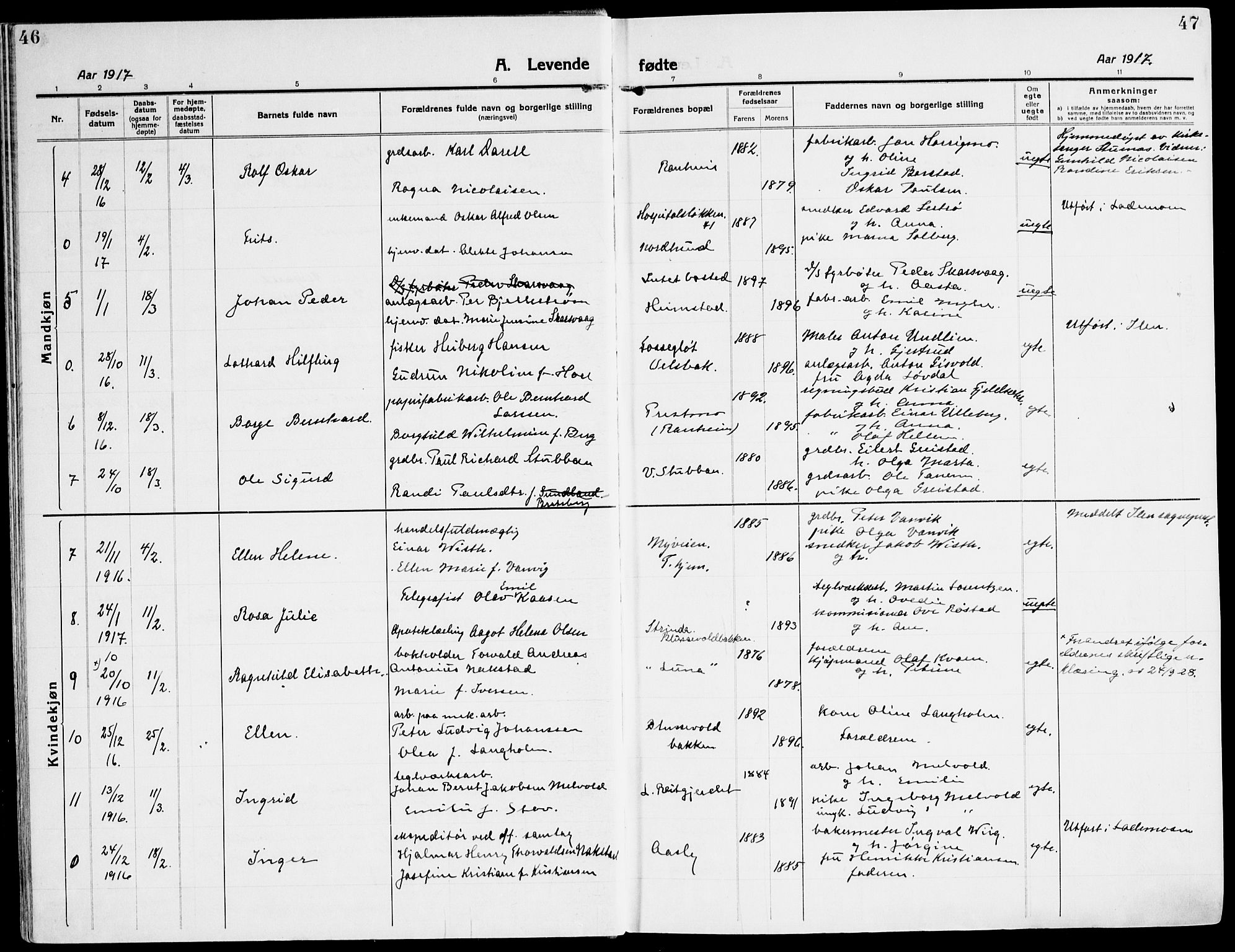 Ministerialprotokoller, klokkerbøker og fødselsregistre - Sør-Trøndelag, SAT/A-1456/607/L0321: Parish register (official) no. 607A05, 1916-1935, p. 46-47