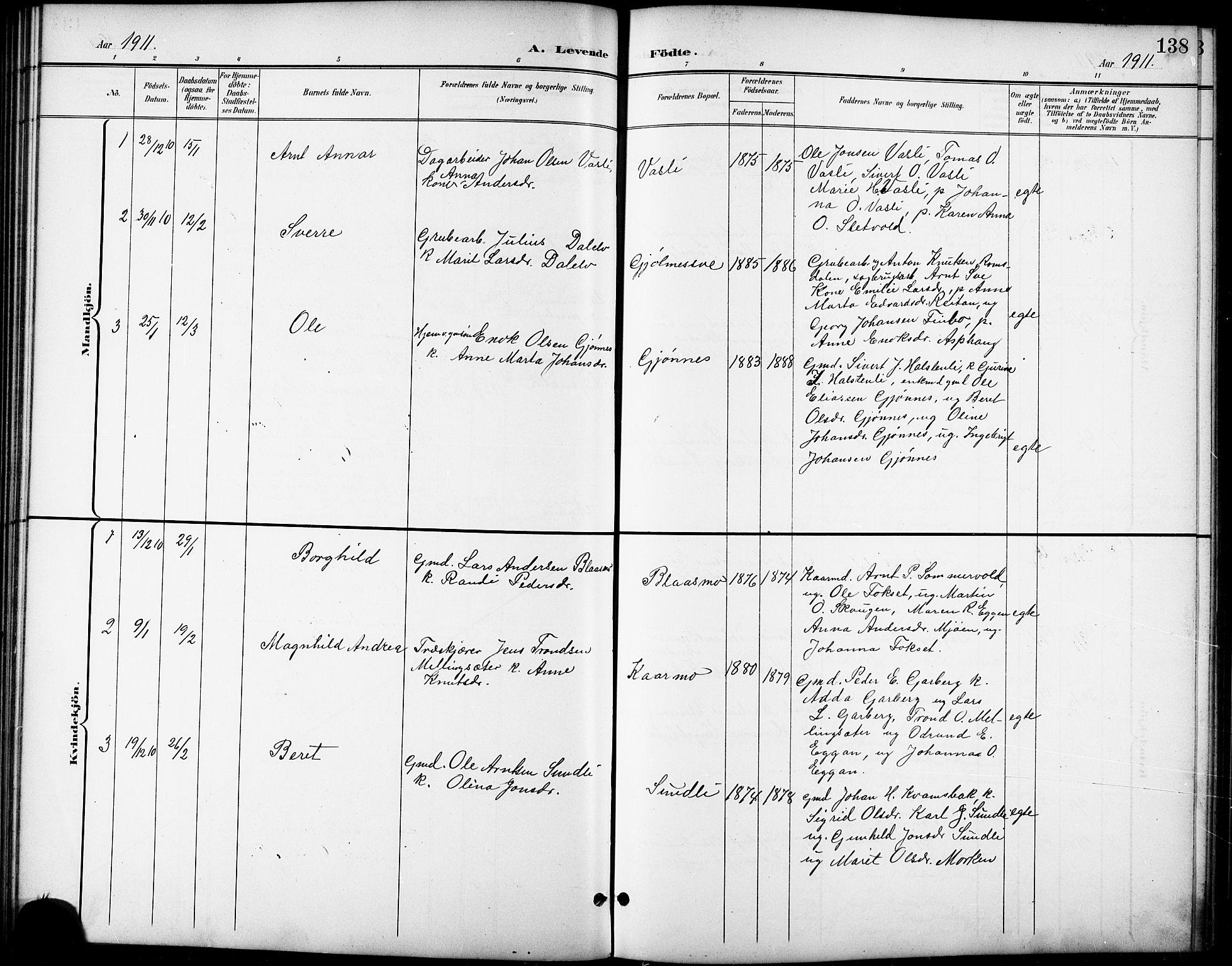 Ministerialprotokoller, klokkerbøker og fødselsregistre - Sør-Trøndelag, SAT/A-1456/668/L0819: Parish register (copy) no. 668C08, 1899-1912, p. 138