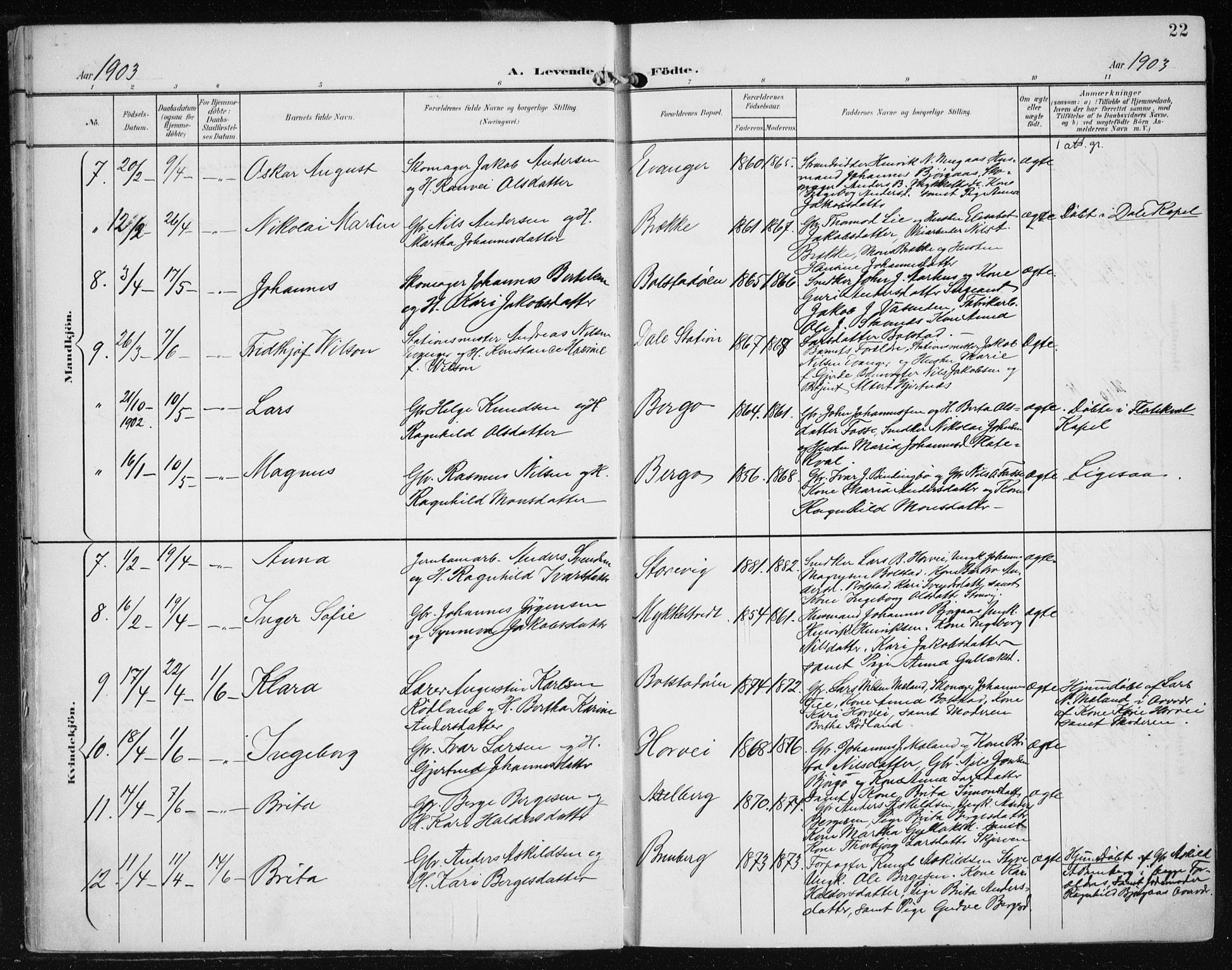 Evanger sokneprestembete, SAB/A-99924: Parish register (official) no. A  3, 1900-1930, p. 22