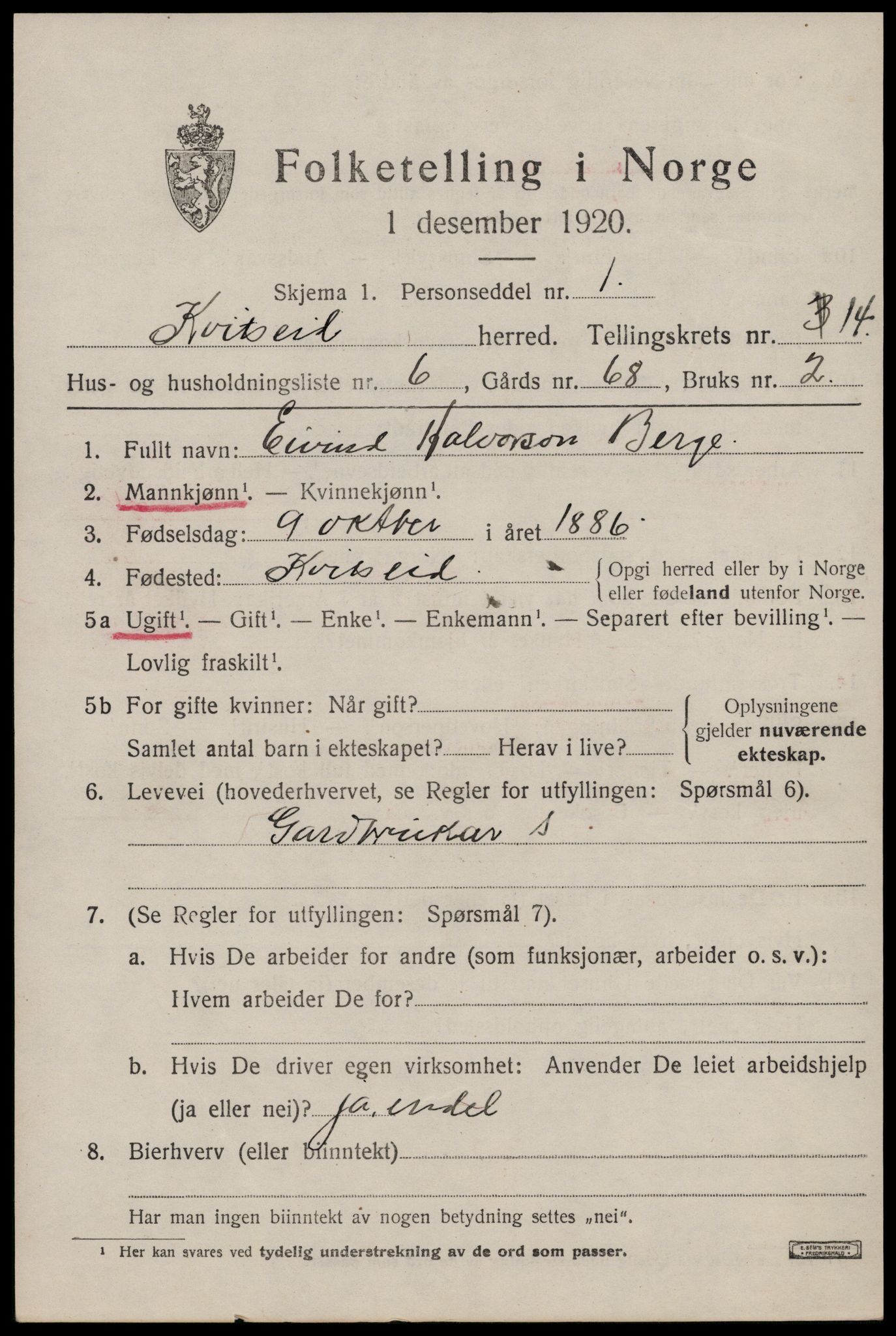 SAKO, 1920 census for Kviteseid, 1920, p. 6753