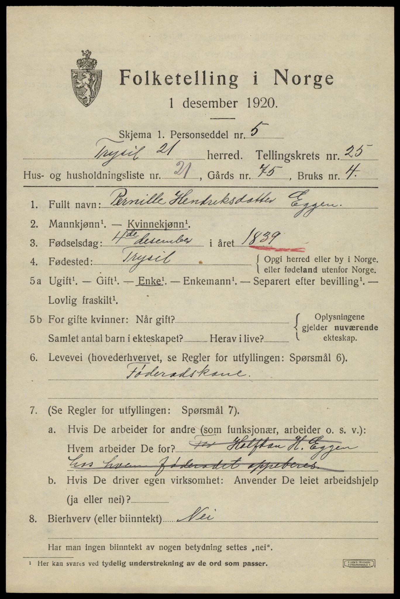 SAH, 1920 census for Trysil, 1920, p. 15949