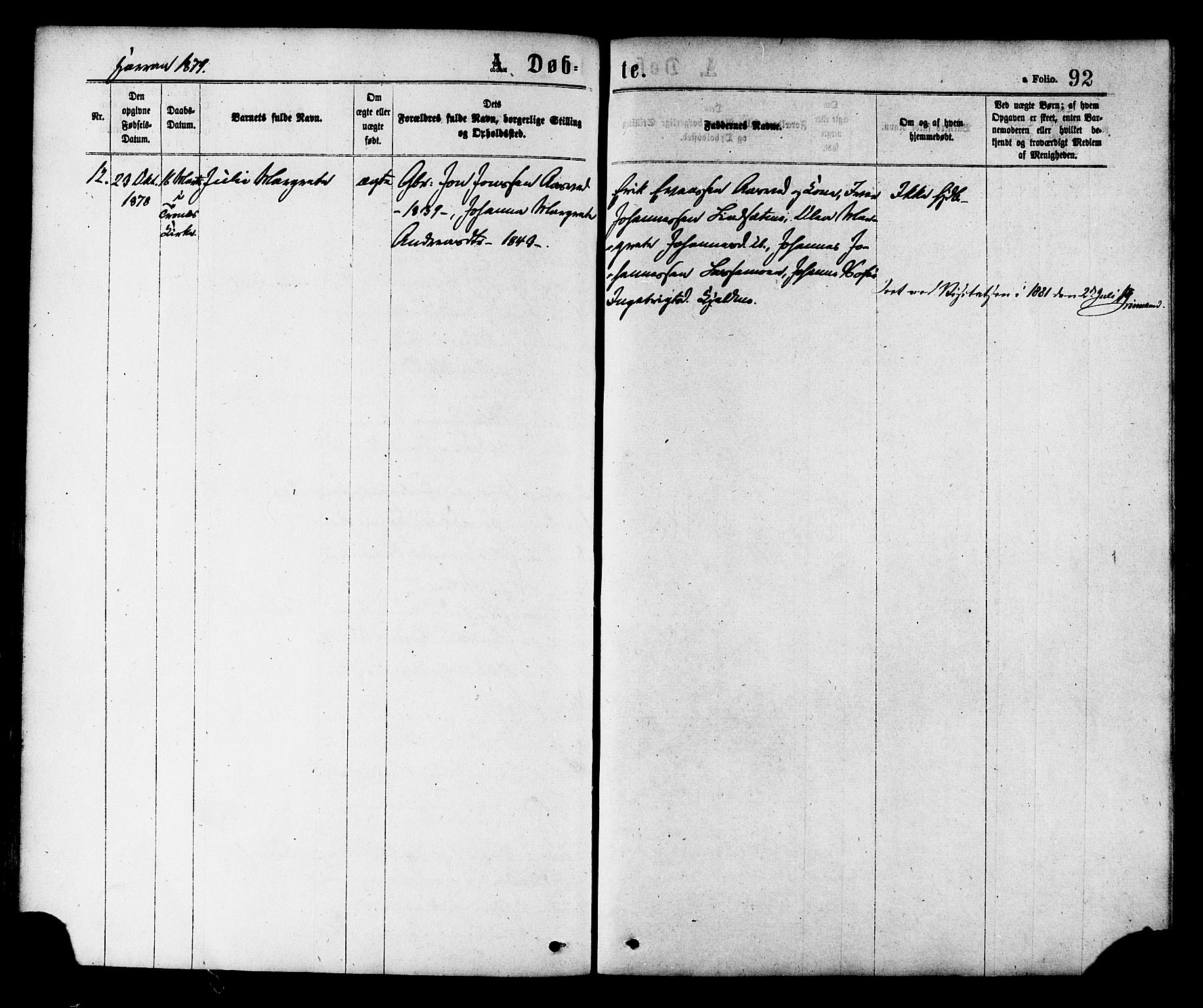 Ministerialprotokoller, klokkerbøker og fødselsregistre - Nord-Trøndelag, SAT/A-1458/758/L0516: Parish register (official) no. 758A03 /3, 1869-1879, p. 92
