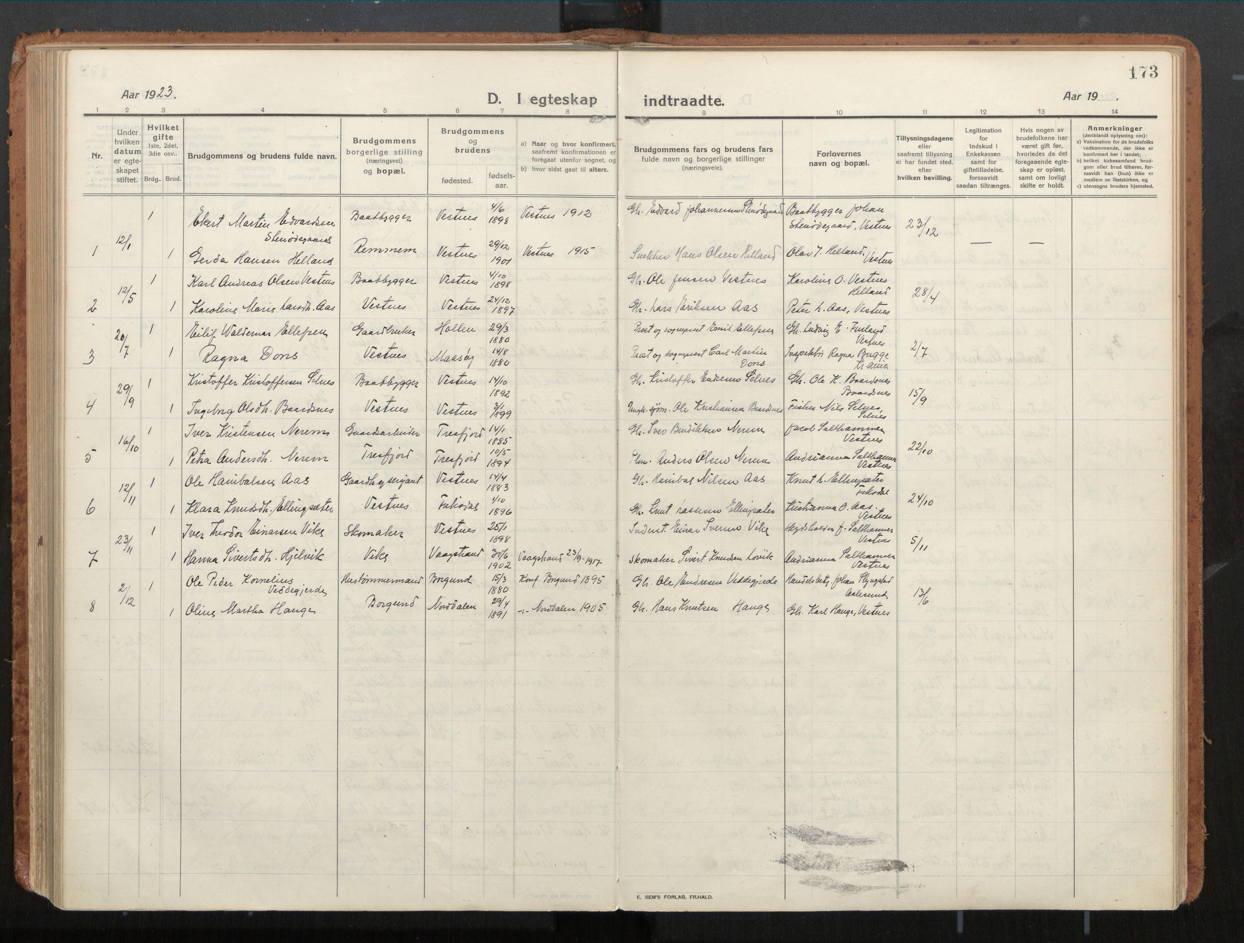 Ministerialprotokoller, klokkerbøker og fødselsregistre - Møre og Romsdal, SAT/A-1454/539/L0534a: Parish register (official) no. 539A08, 1912-1935, p. 173