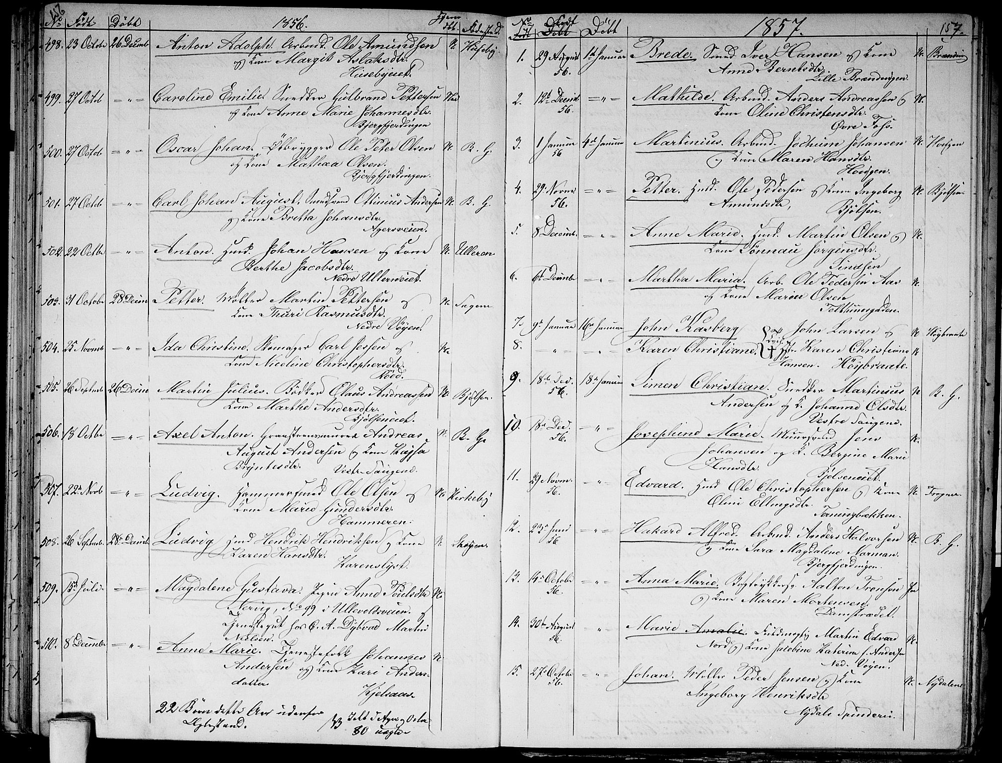 Aker prestekontor kirkebøker, SAO/A-10861/G/L0010: Parish register (copy) no. 10, 1852-1859, p. 156-157
