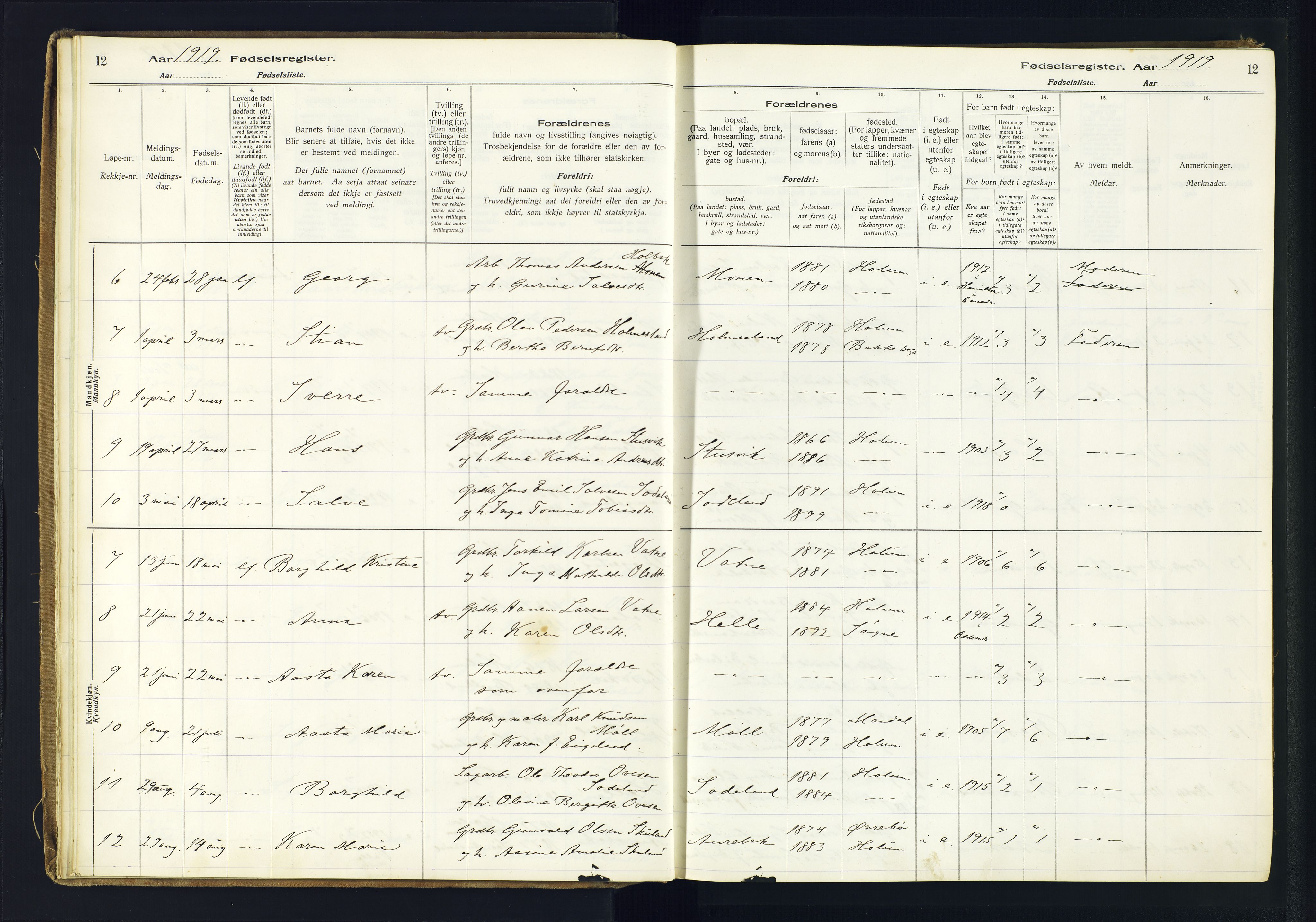 Holum sokneprestkontor, SAK/1111-0022/J/Ja/L0003: Birth register no. II.6.12, 1916-1982, p. 12