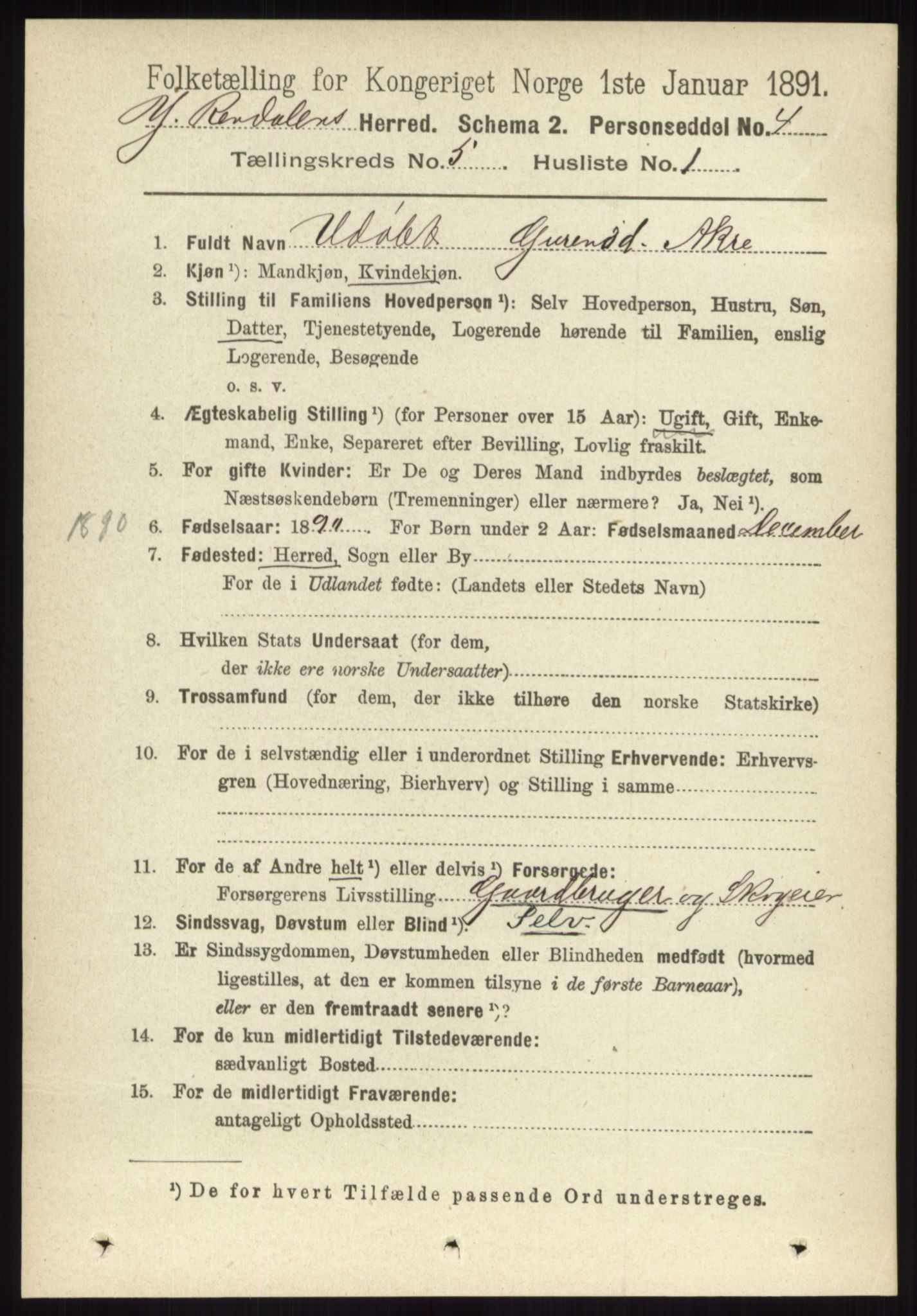 RA, 1891 census for 0432 Ytre Rendal, 1891, p. 1249